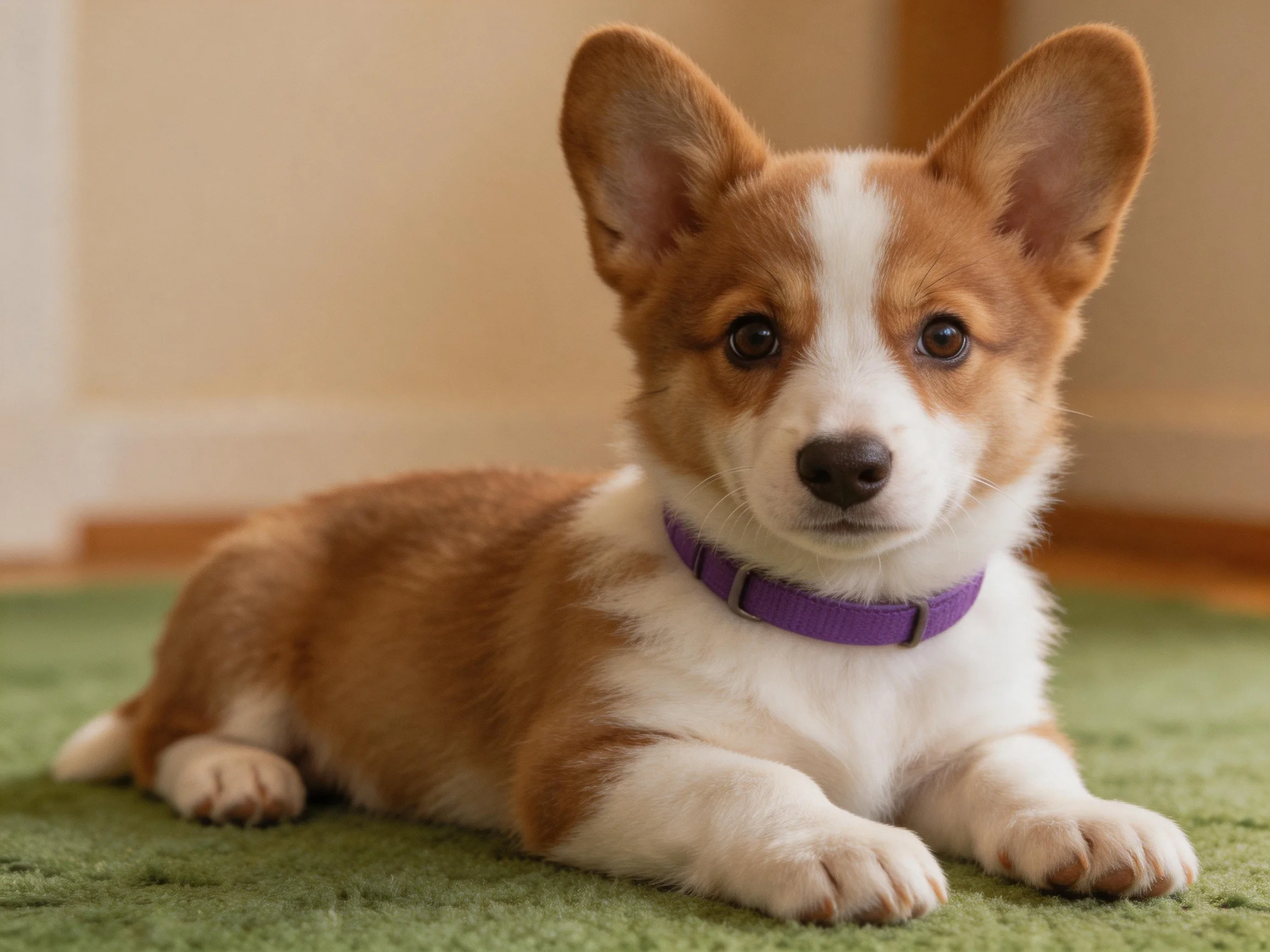 A brown and white corgi puppy rests on a green carpet with a purple collar