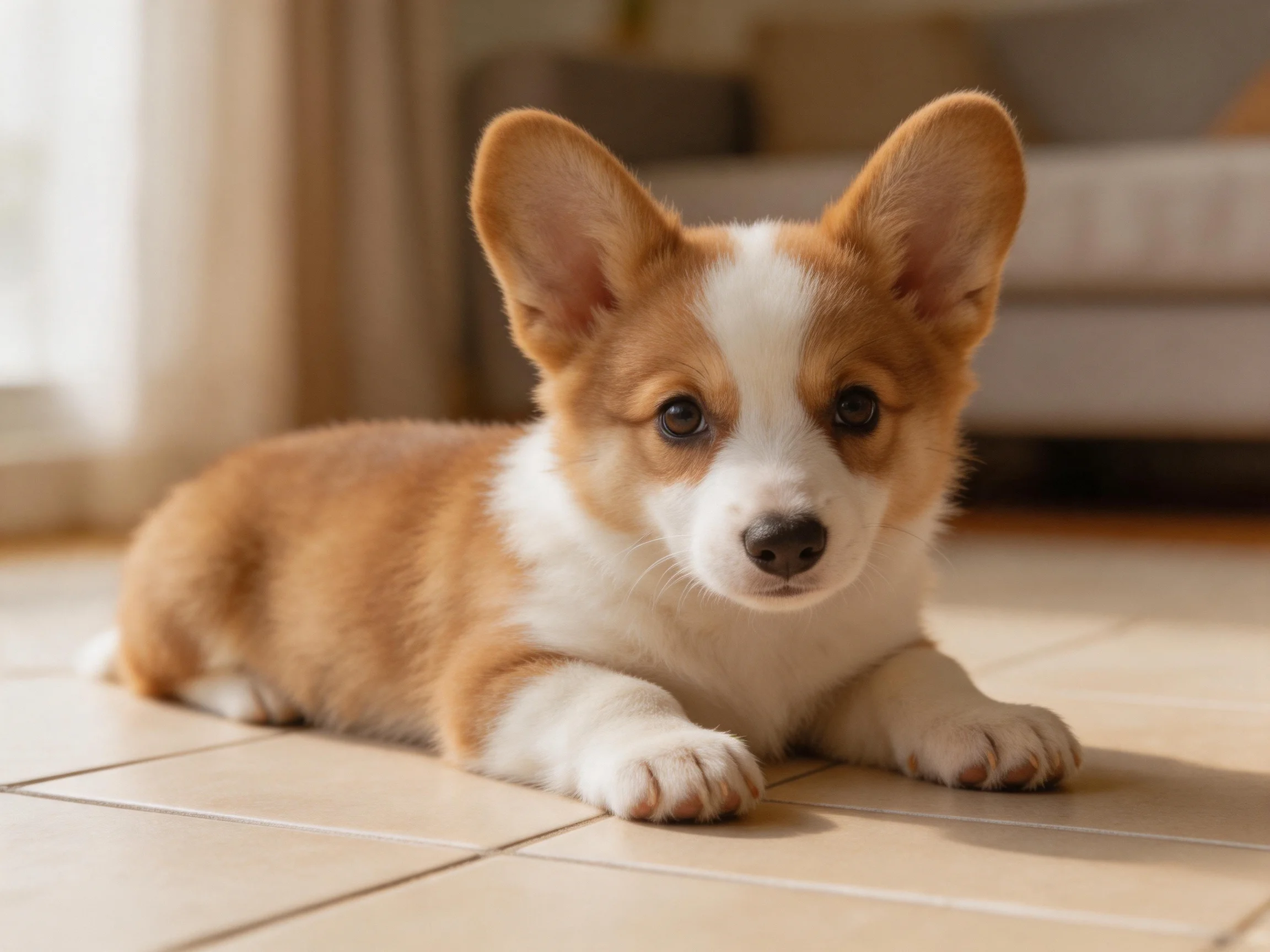 A brown and white corgi puppy lies calmly on a tiled floor indoors.