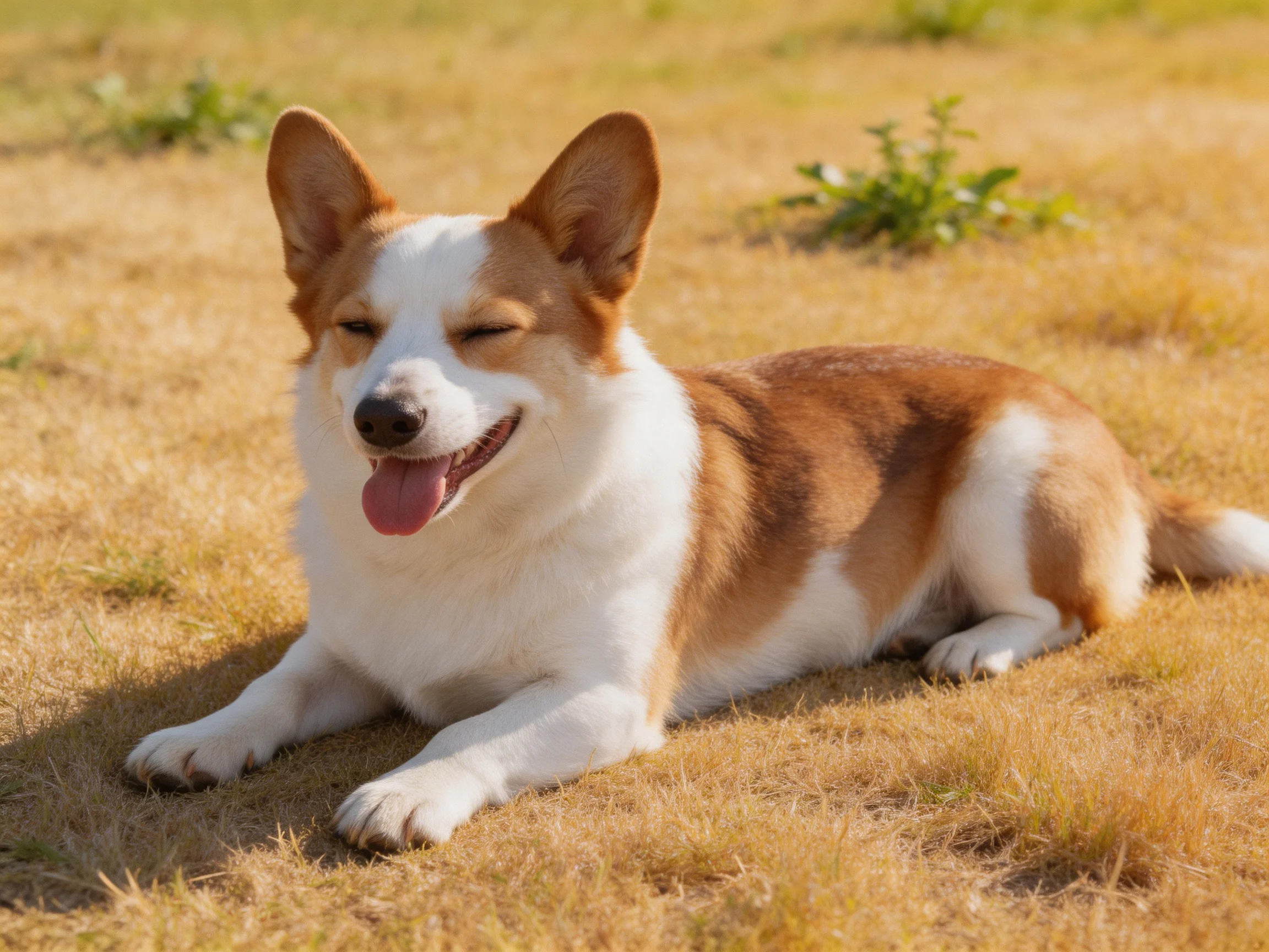 A brown and white corgi rests contentedly on golden-brown grass