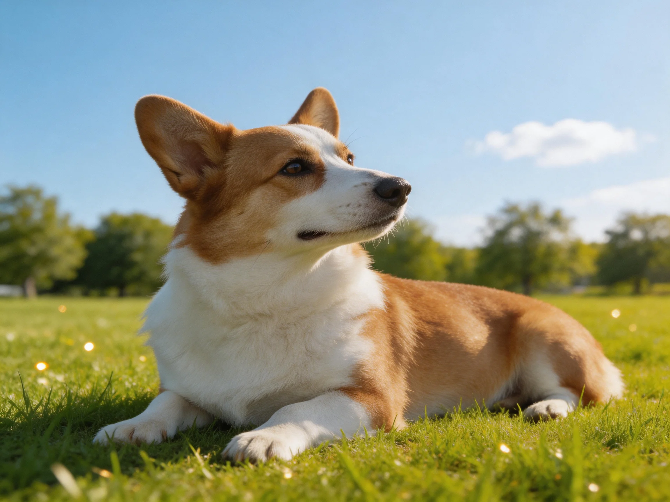 A brown and white corgi relaxes on green grass in bright daylight