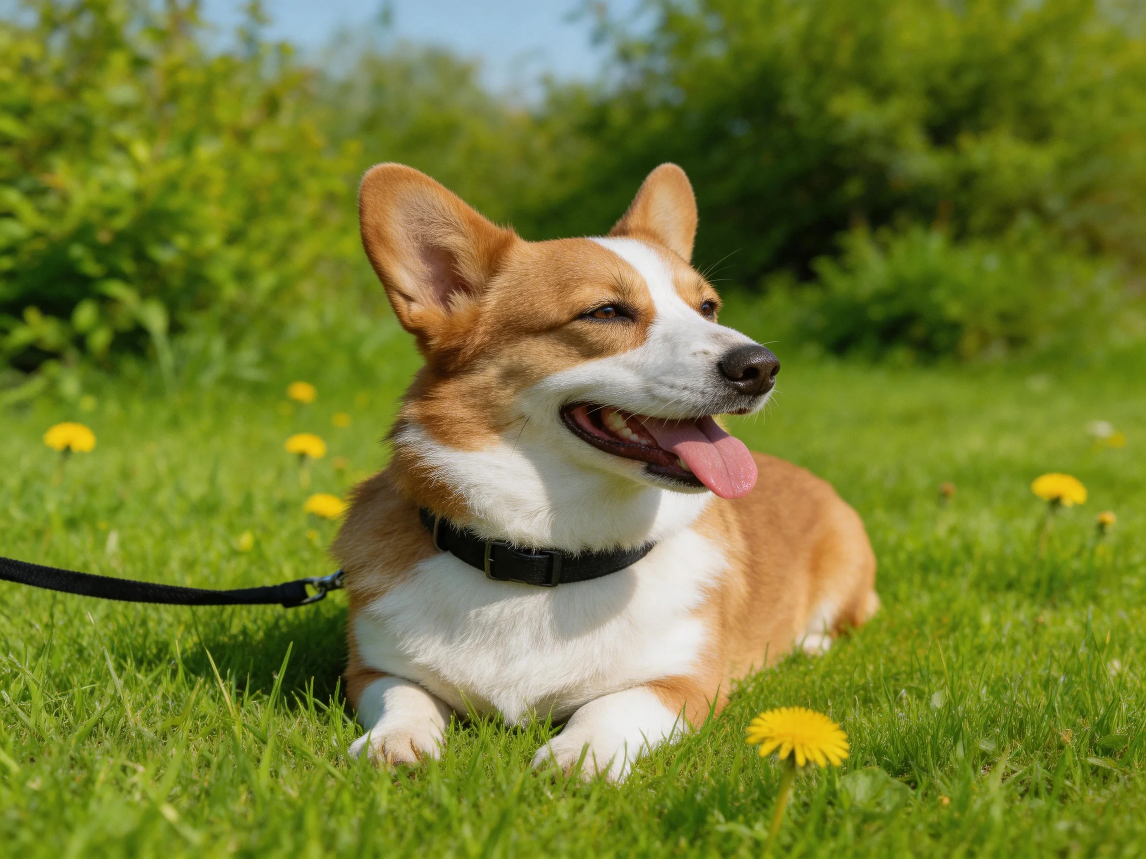 A brown and white corgi rests on lush green grass with yellow blooms