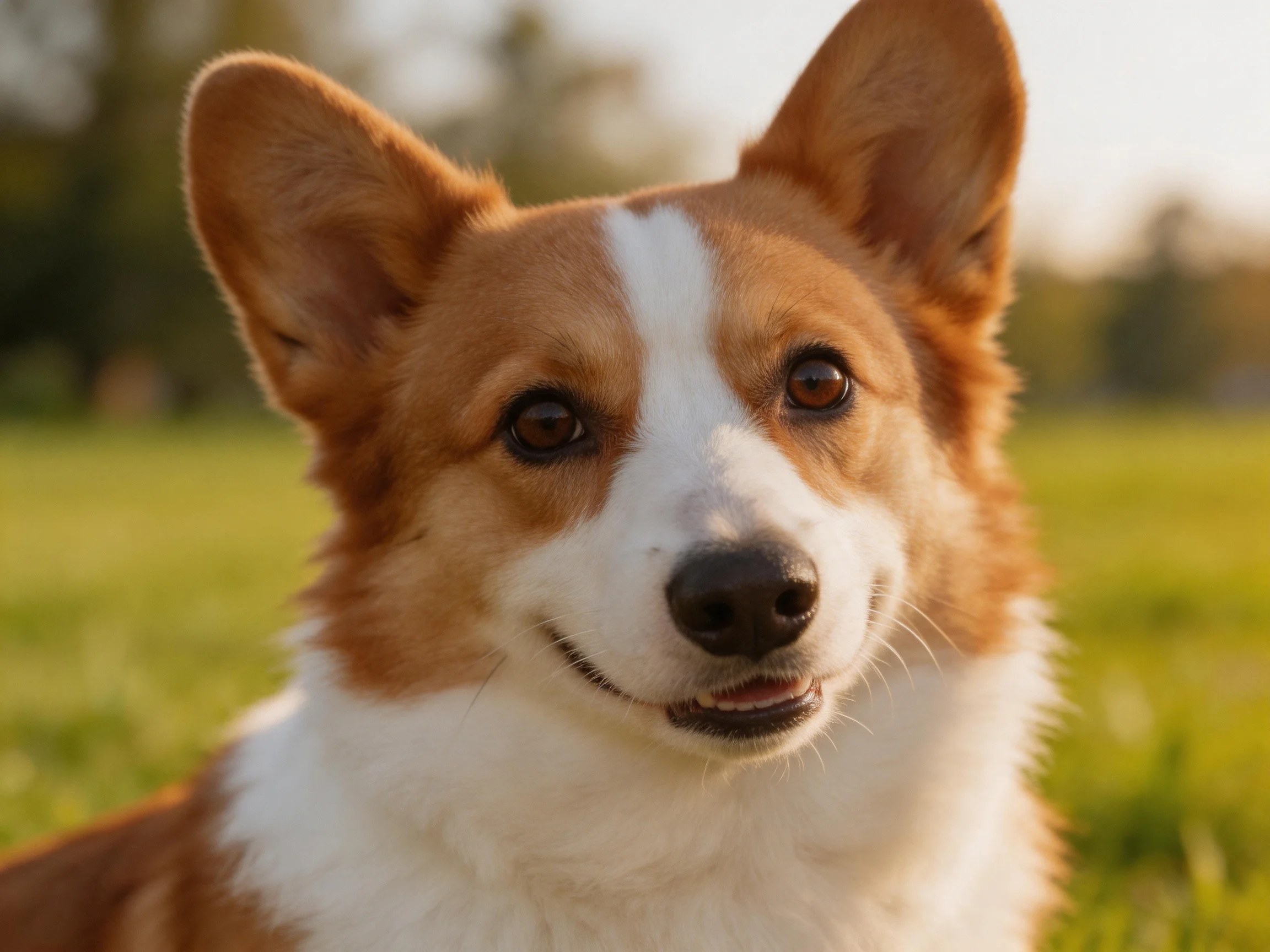 A brown and white corgi enjoys the sunny day in an open grassy area.