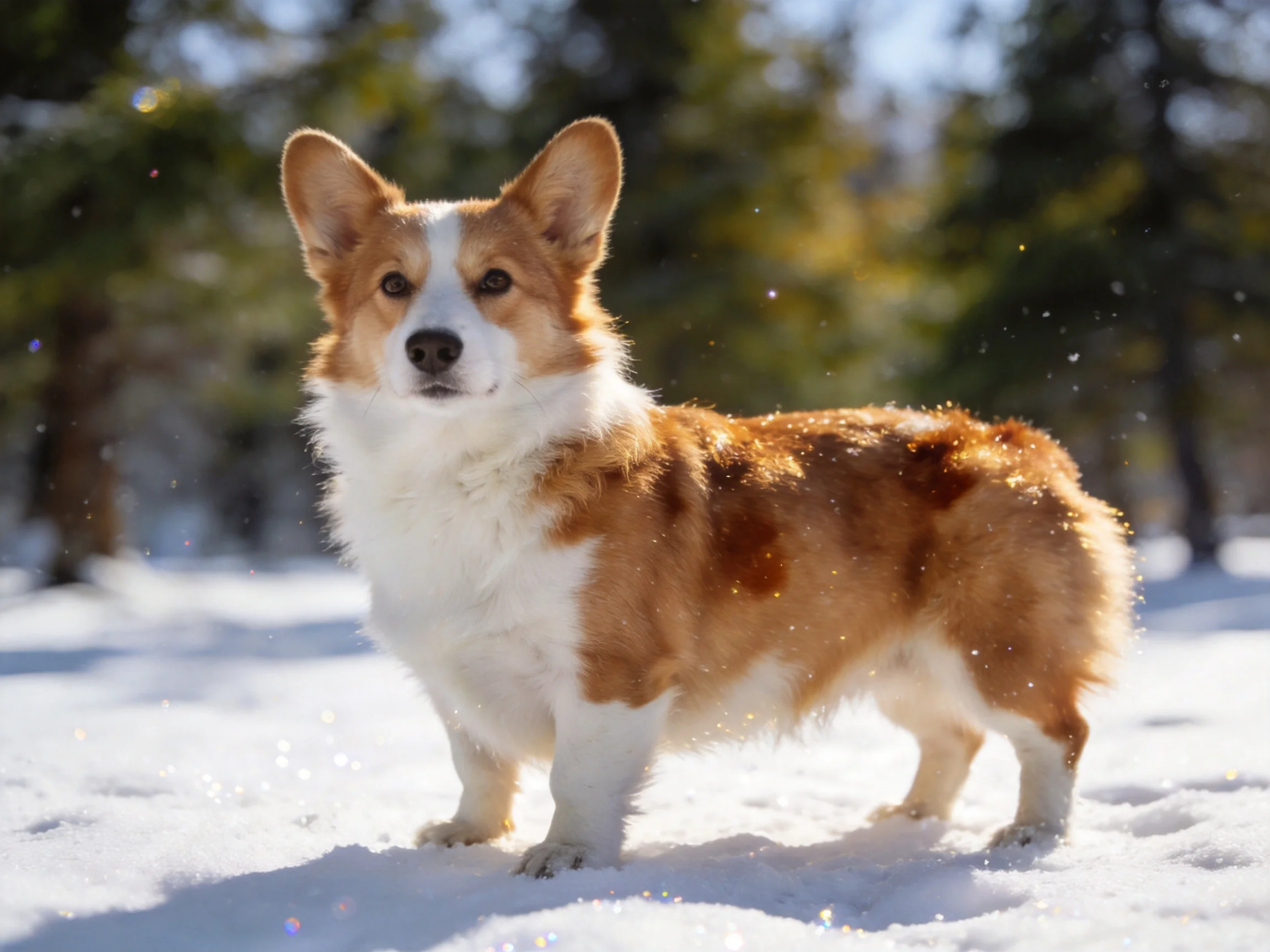 A brown and white corgi stands in bright snow near evergreen trees