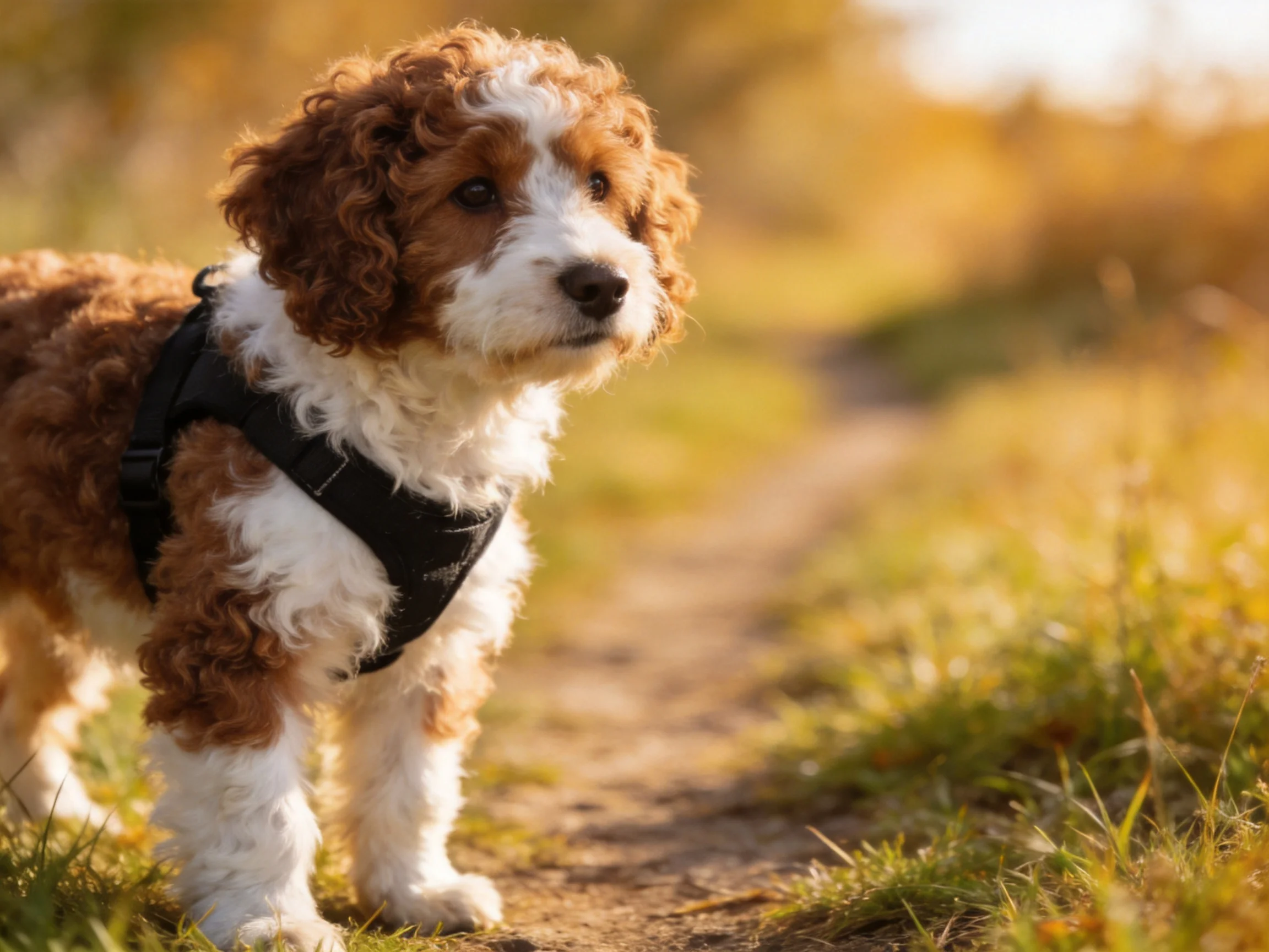 A brown and white curly - puppy in a black harness on a sunlit dirt path