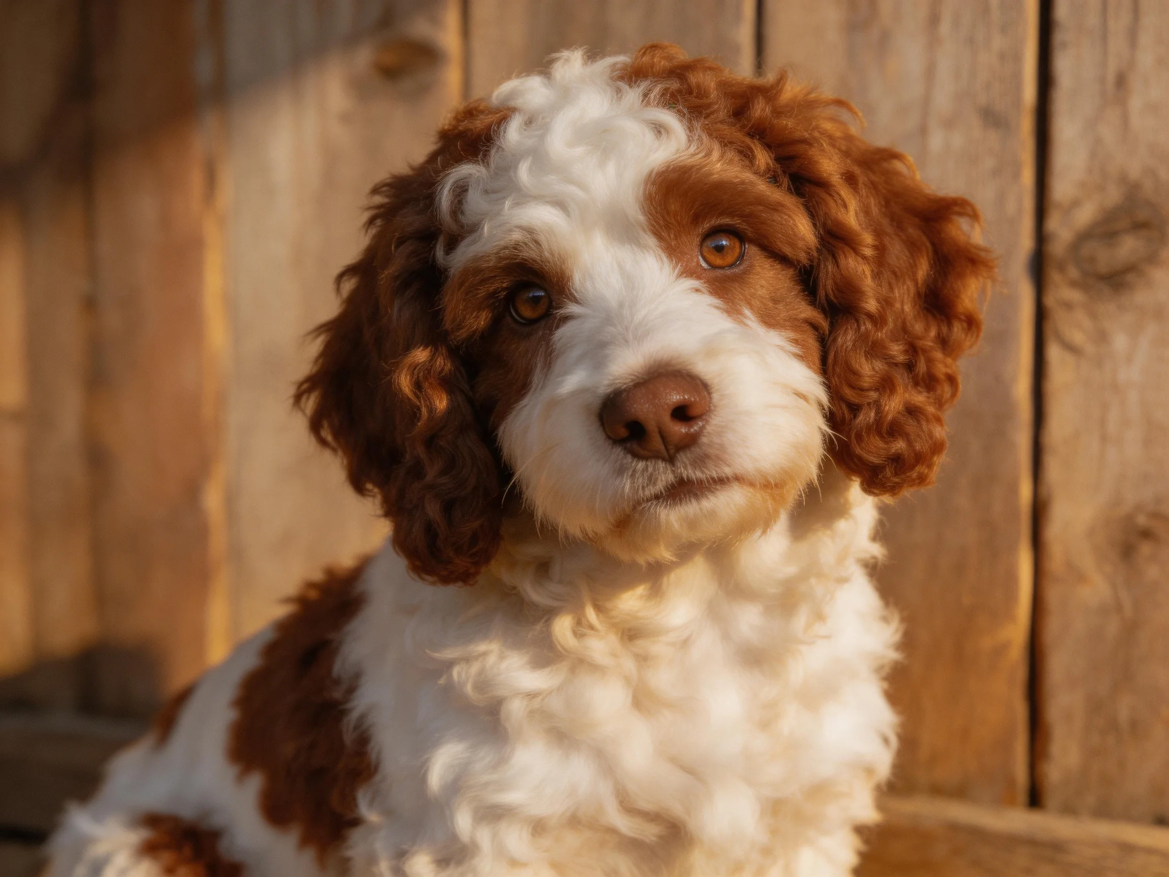 A brown and white curly-haired puppy near wooden planks