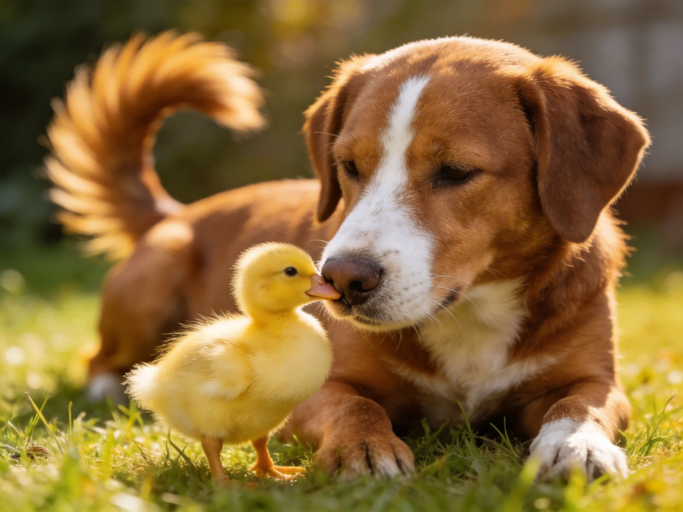 A brown and white dog shares a gentle moment with a small yellow duckling outside.