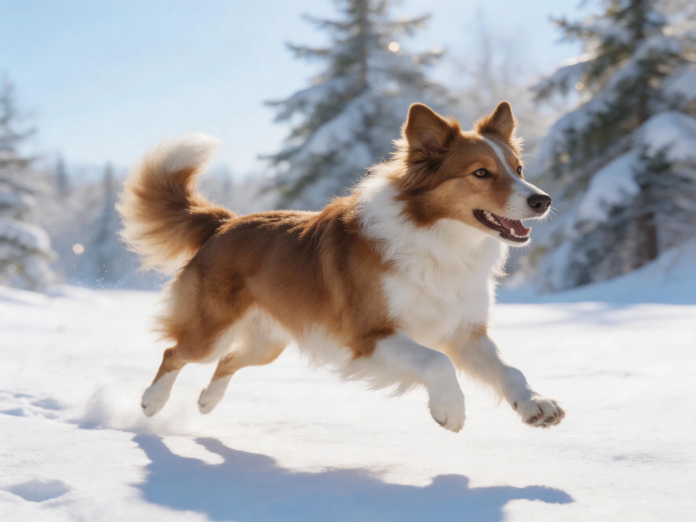 A brown and white dog bounds across glistening snow near pine trees