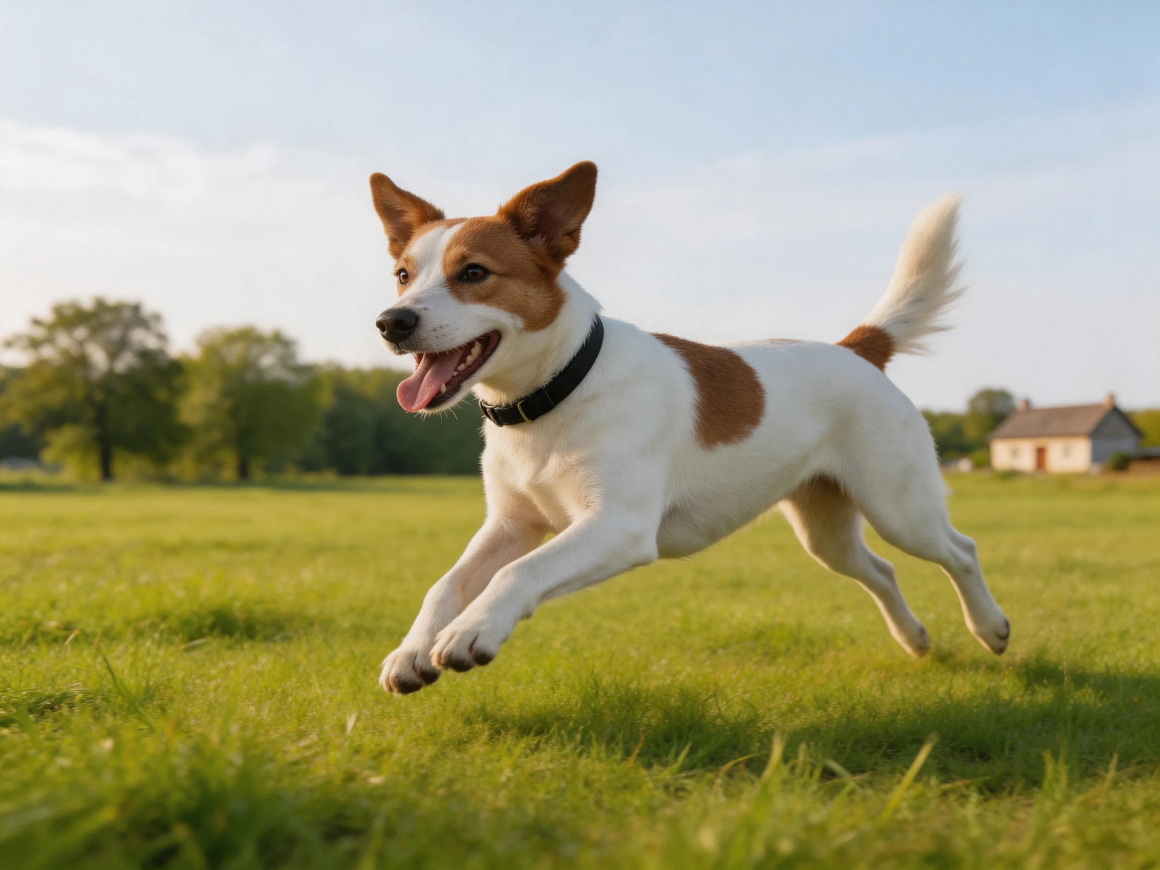 A brown-and-white dog bounds joyfully in a sunlit grassy field