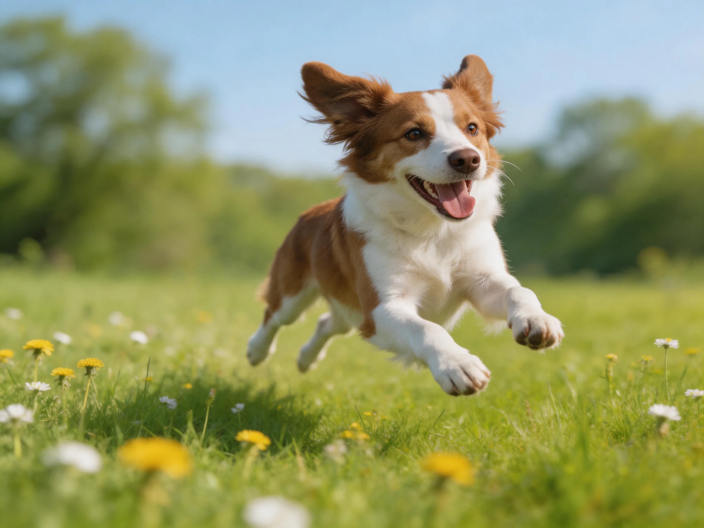 A brown and white dog bounds through a flower - speckled sunny meadow
