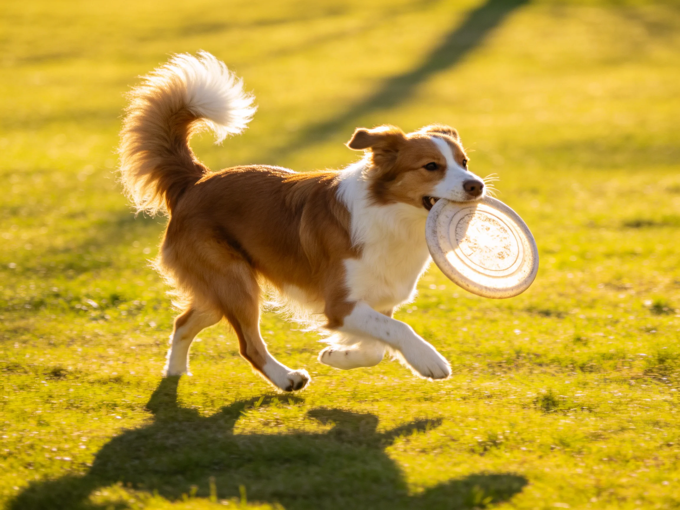 A brown and white dog carries a frisbee through sunlit grass