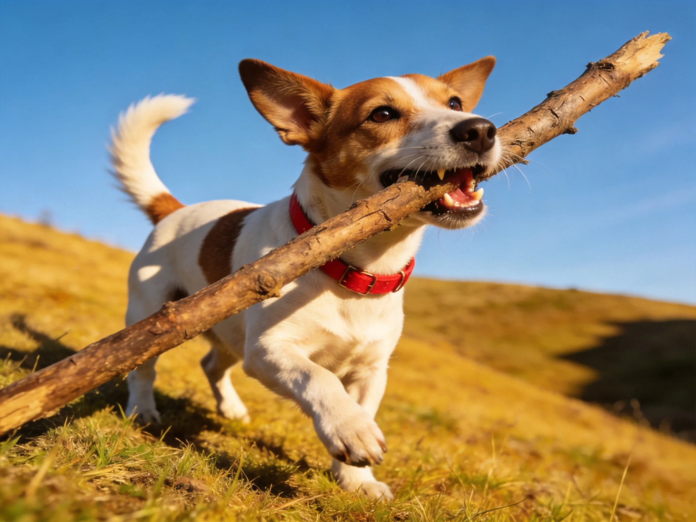 A brown-and-white dog carries a large wooden stick in a sunny field