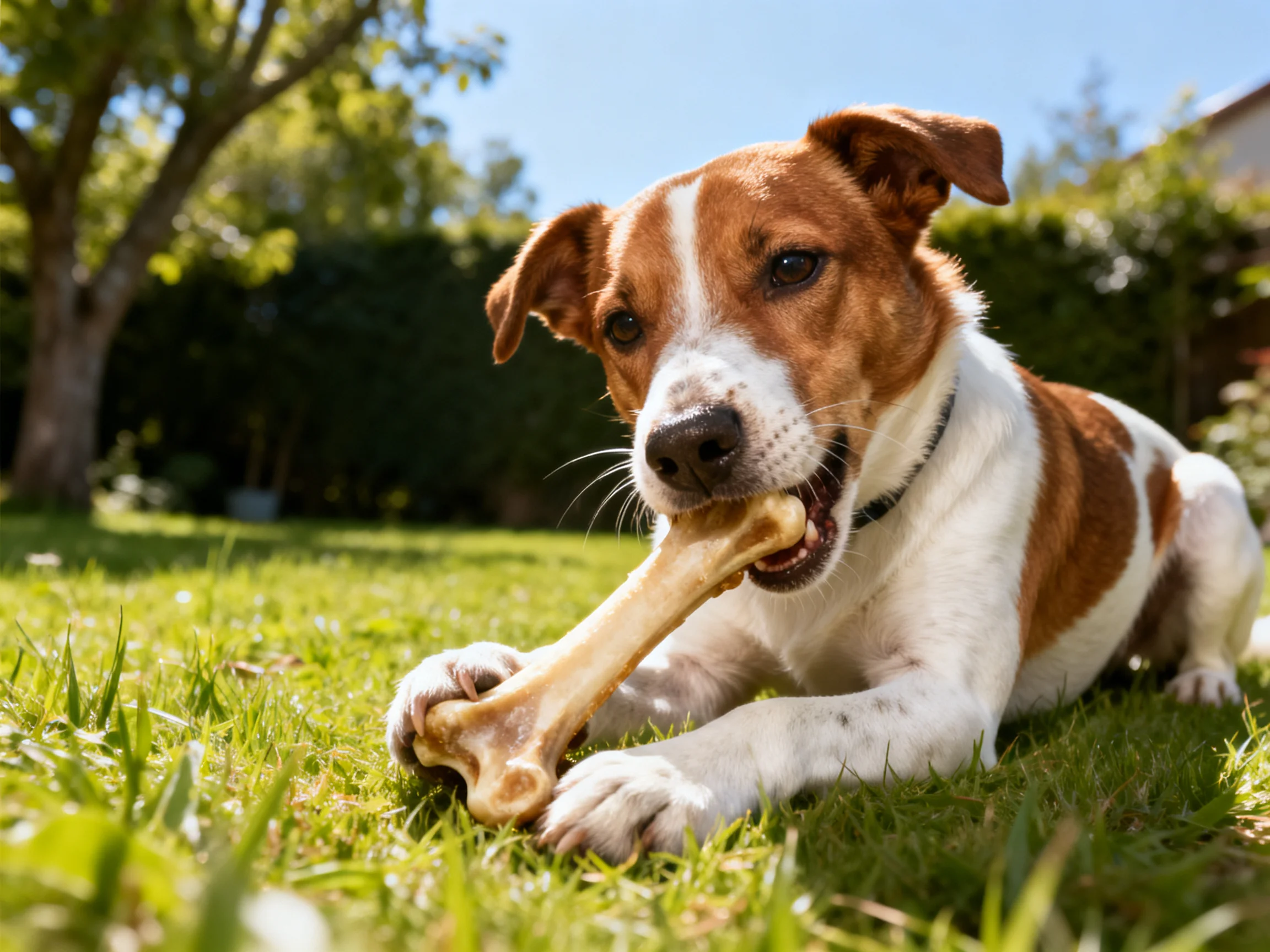 A brown-and-white dog chews a large bone on green grass in bright daylight