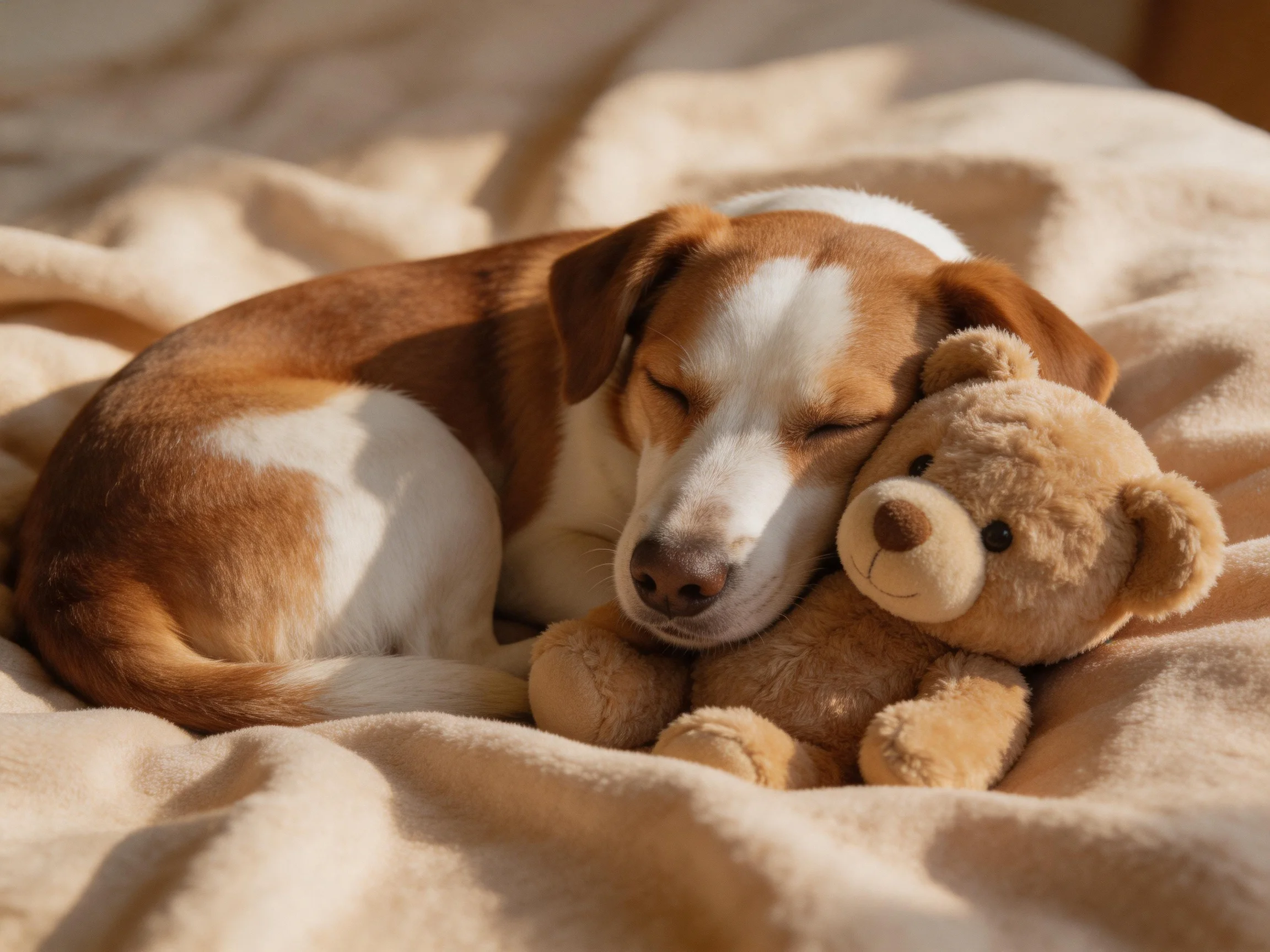 A brown and white dog cuddles a tan teddy bear on a beige blanket