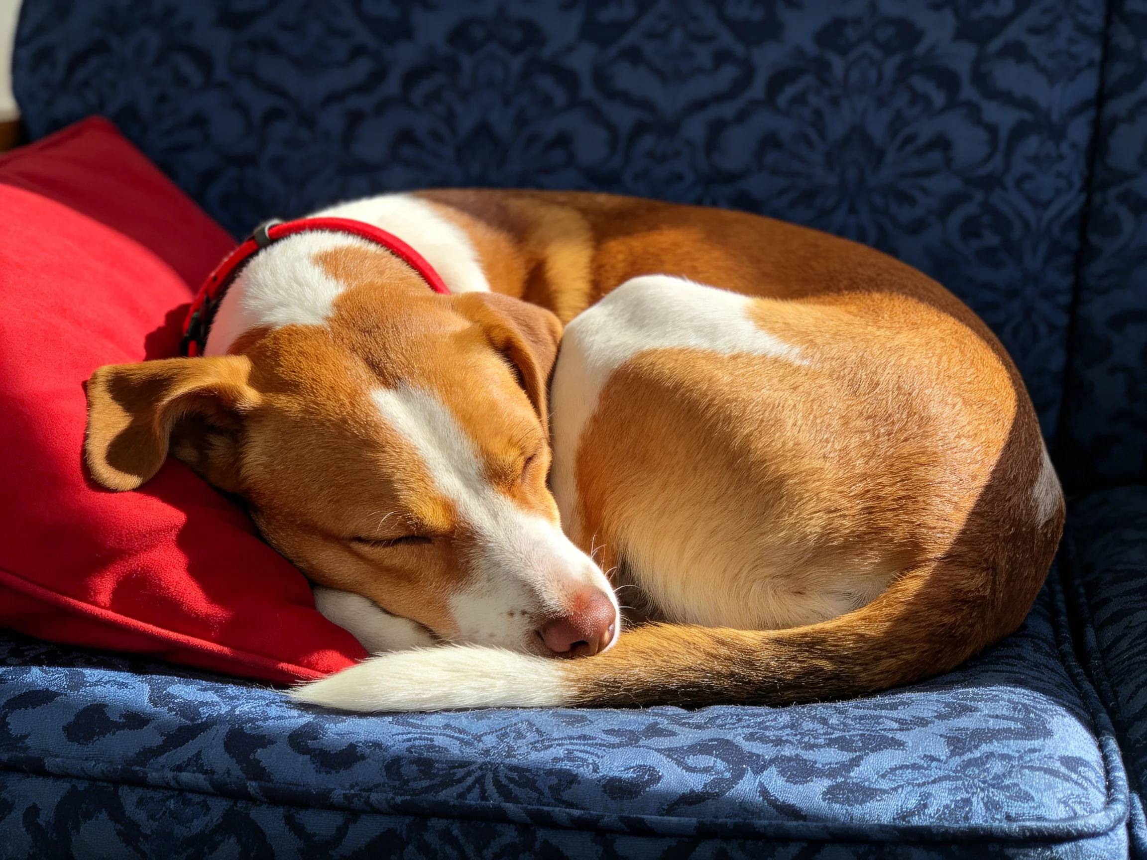 A brown and white dog curls up on a blue patterned couch with a red pillow