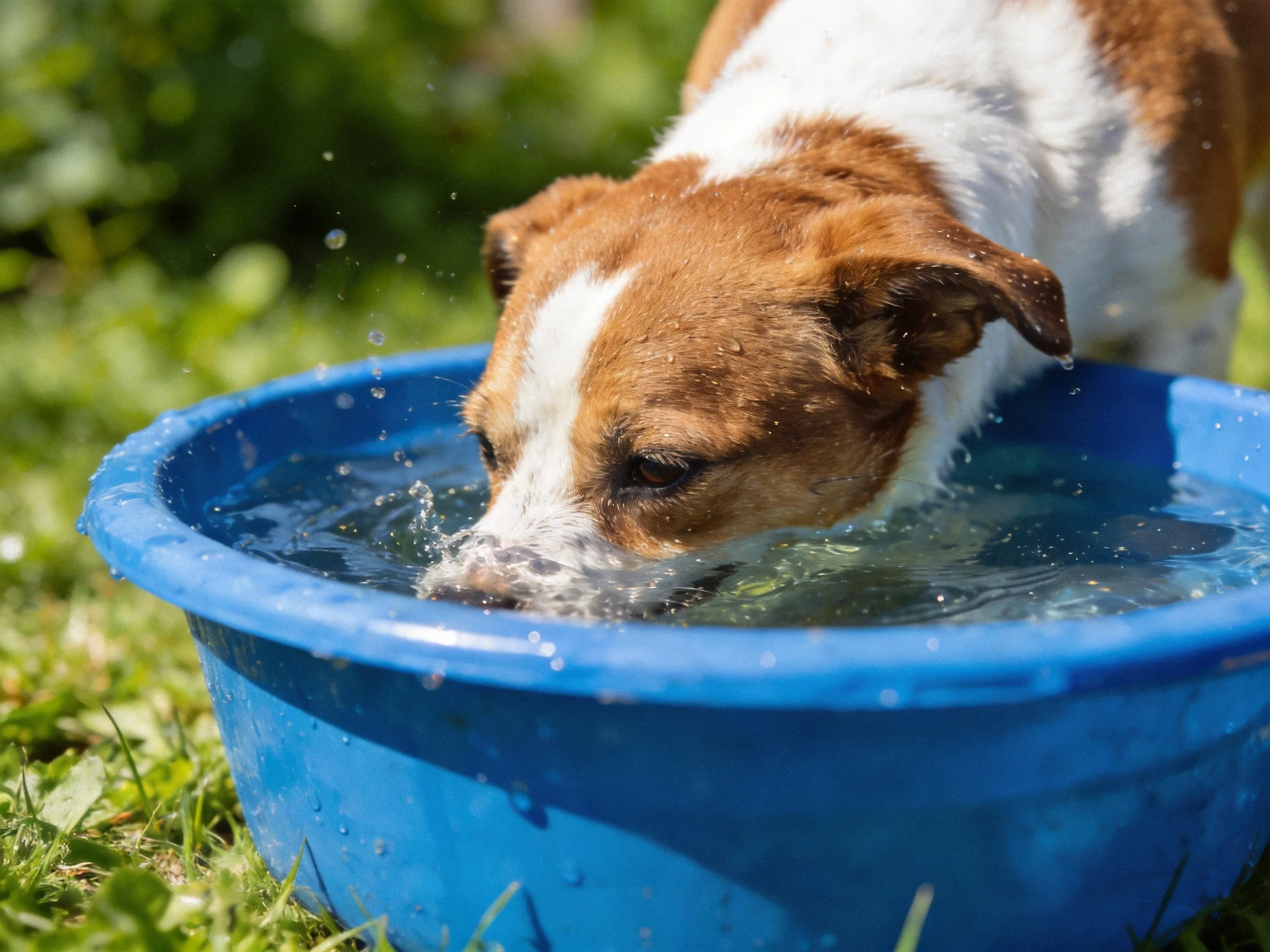 A brown and white dog drinks from a bright blue water bowl on green grass