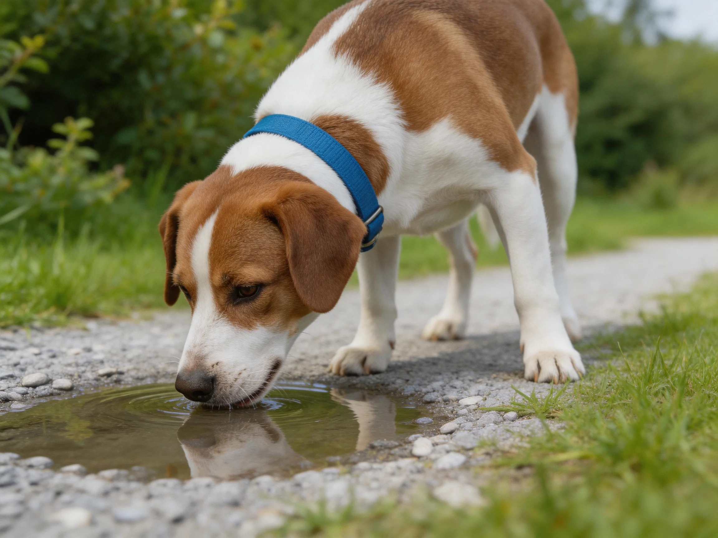 A brown and white dog drinks from a small puddle on a gravel path.