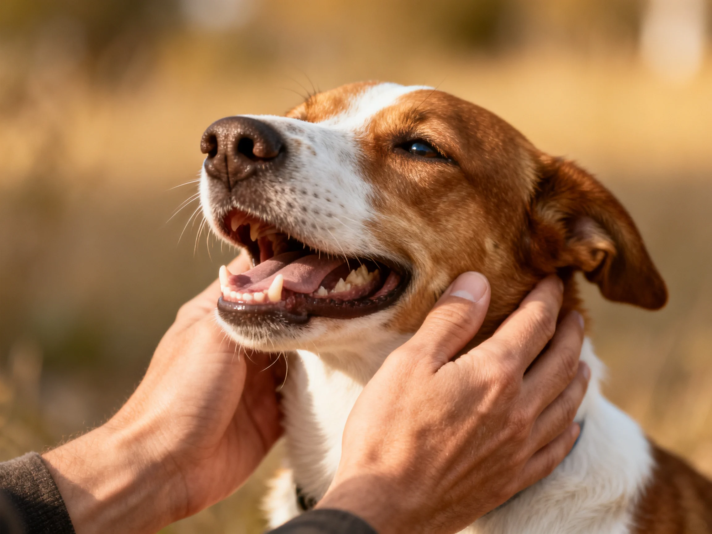 A brown and white dog enjoying affectionate handling outdoors