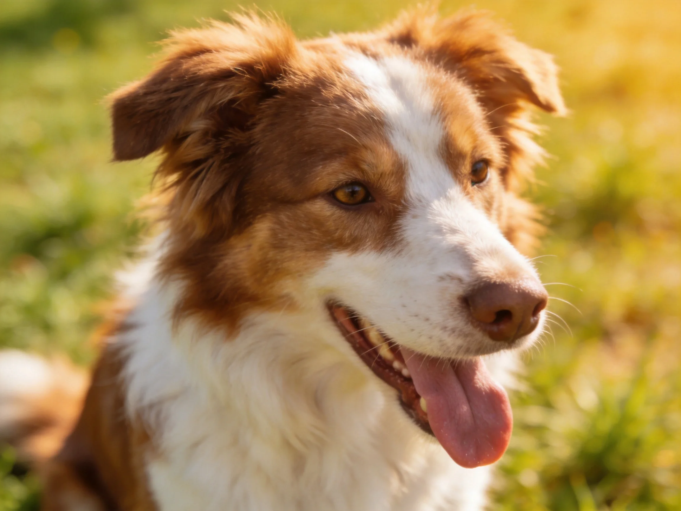 A brown and white dog enjoying sunny outdoor grass