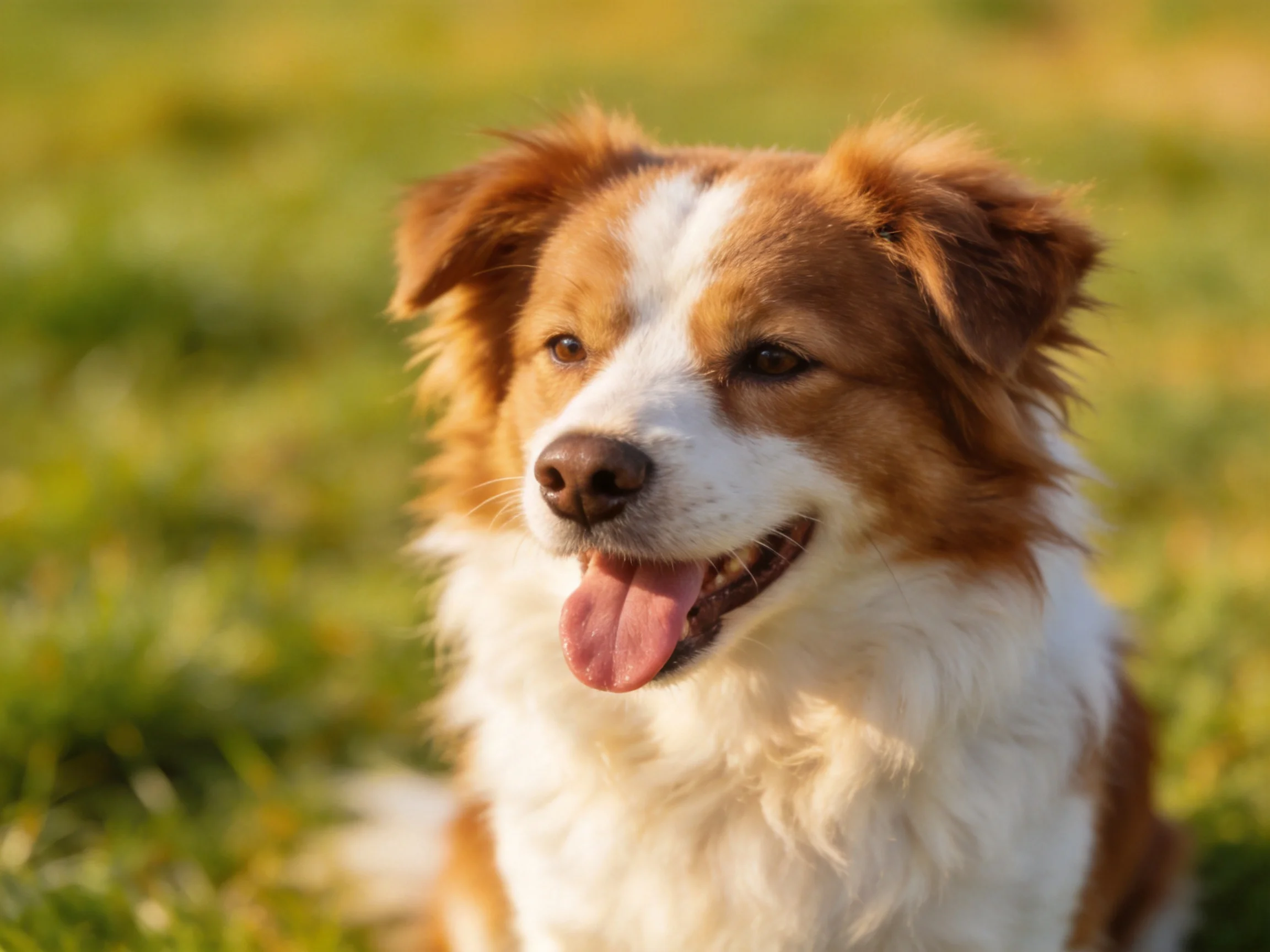 A brown and white dog enjoys a sunny day in a grassy outdoor setting