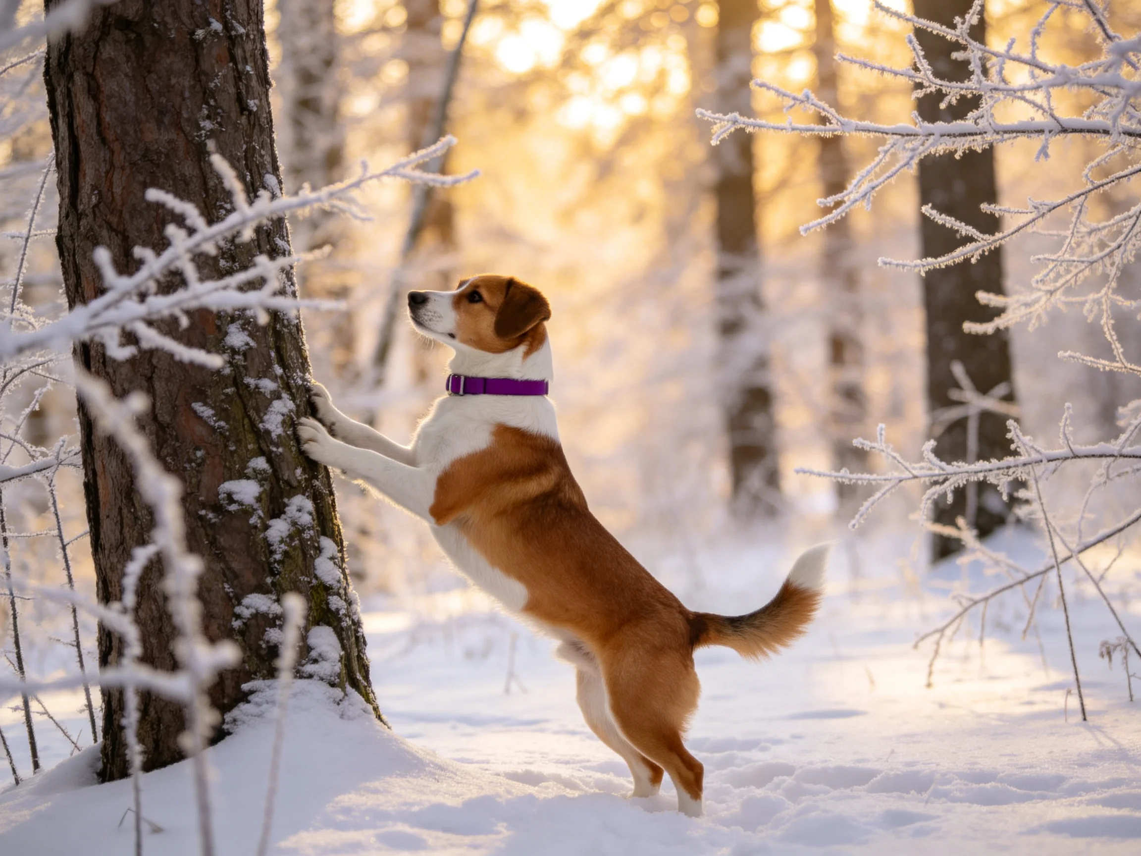 A brown and white dog explores a snow-covered tree in a sunlit winter forest