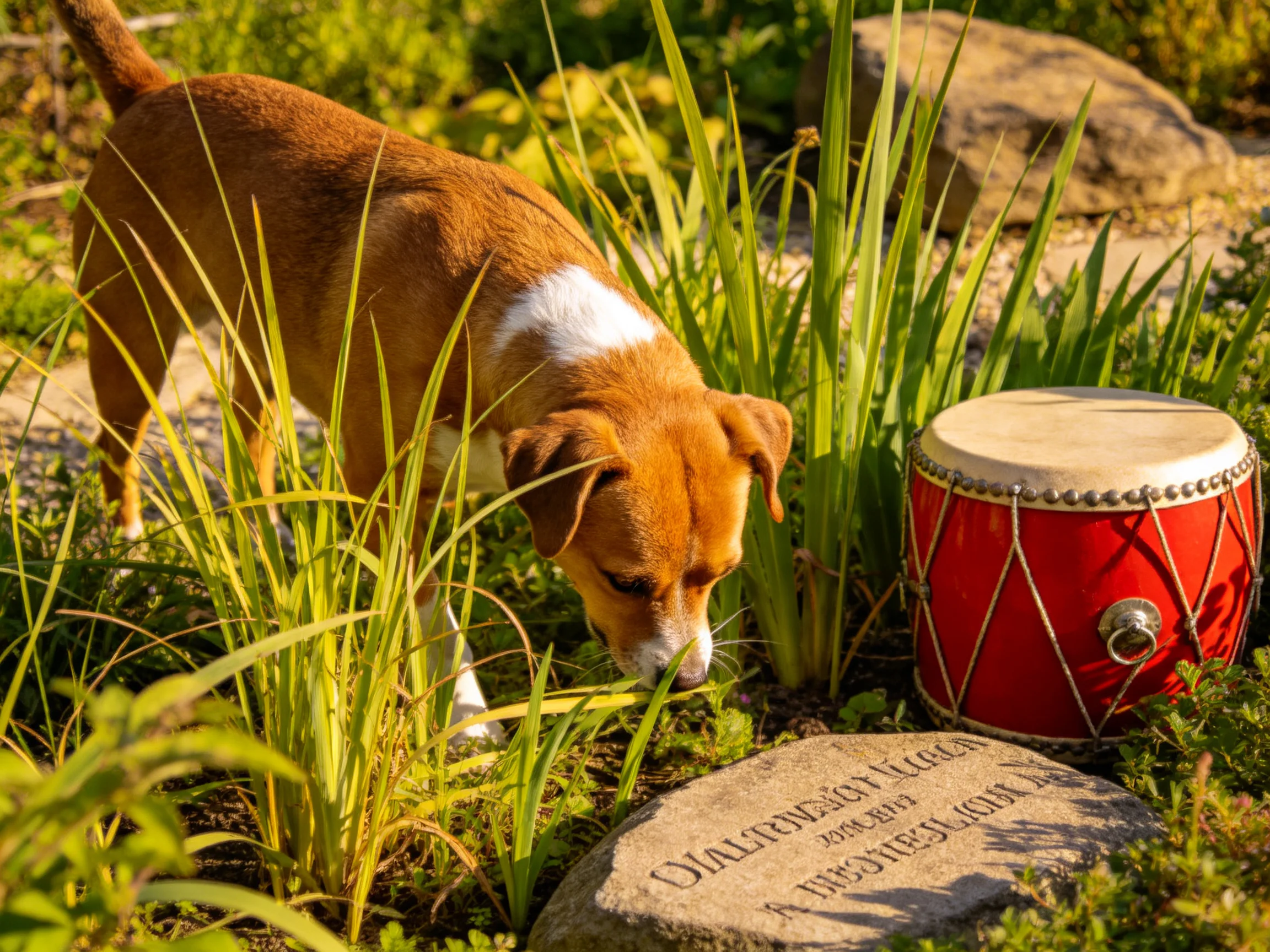 A brown and white dog explores near a red drum and stone marker