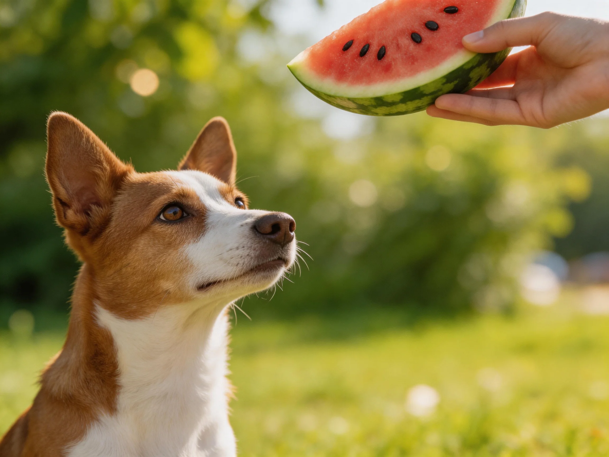 A brown and white dog looks at a slice of red watermelon outdoors