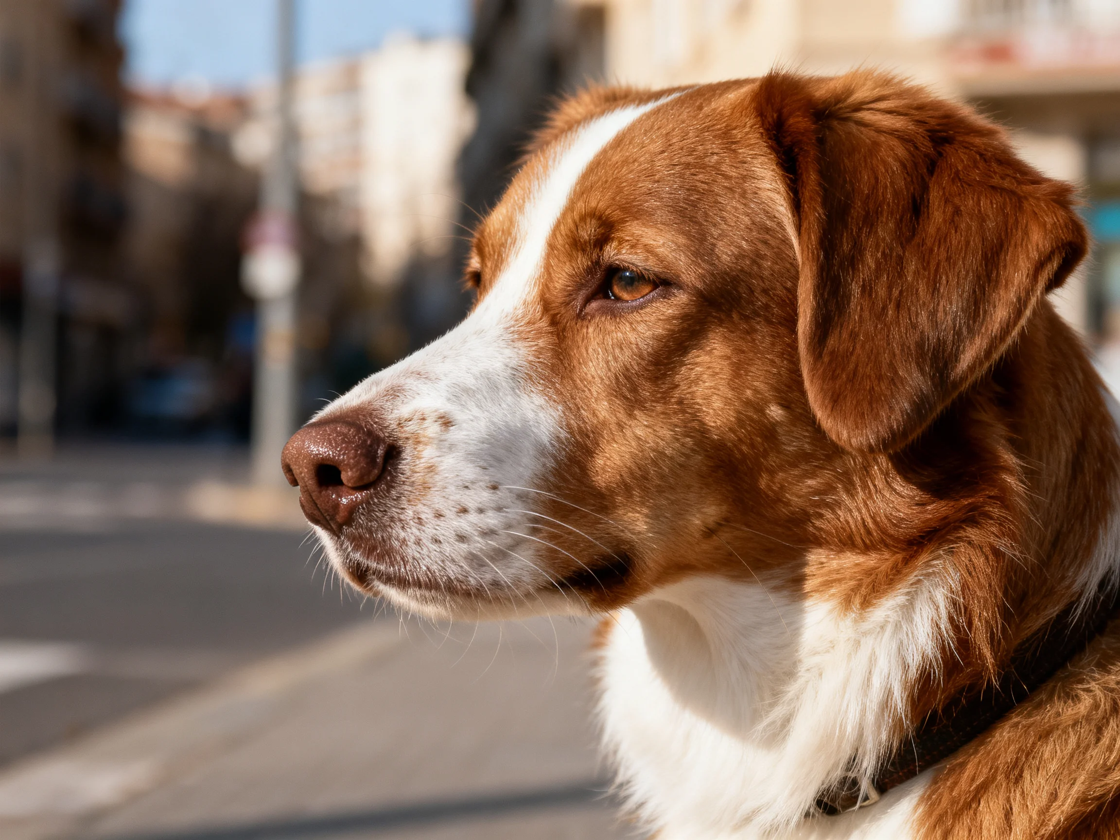A brown and white dog contemplates while positioned on a sunlit urban street.