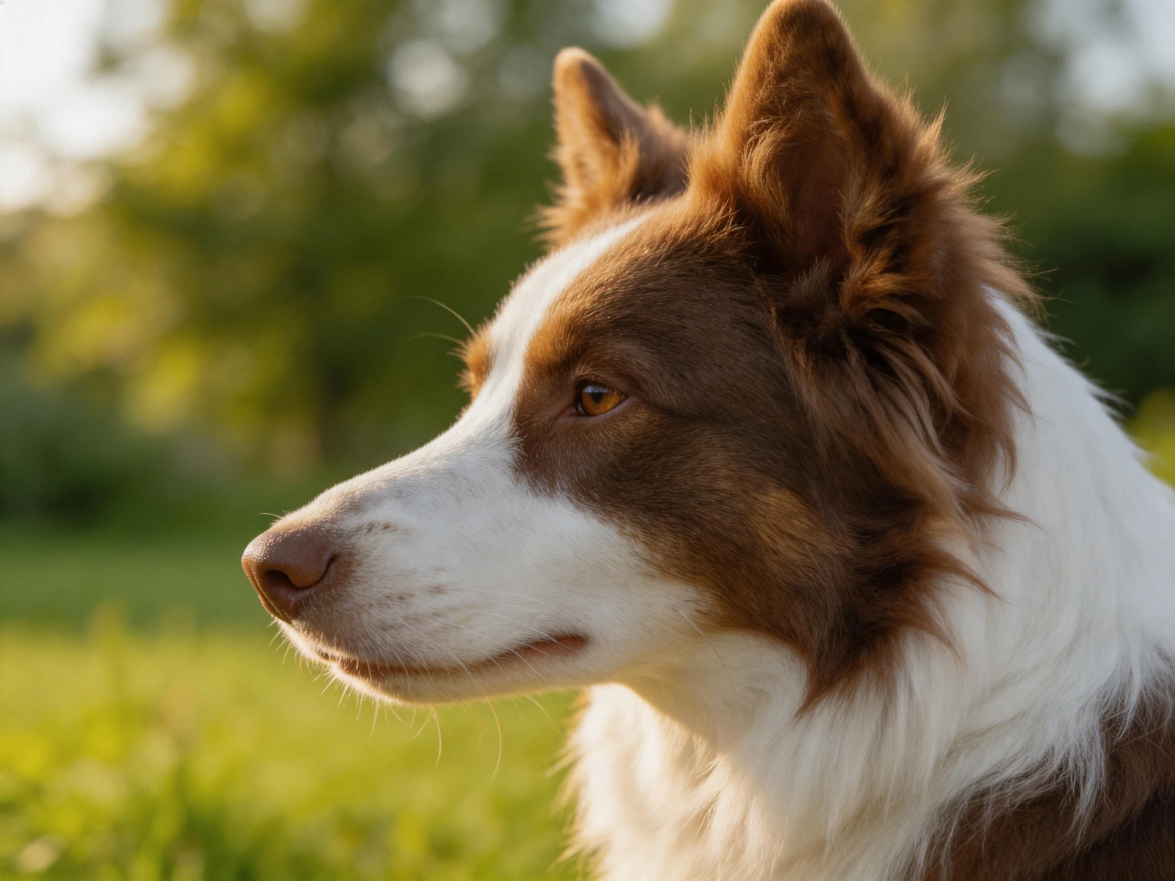 A brown and white dog gazes thoughtfully into the distance