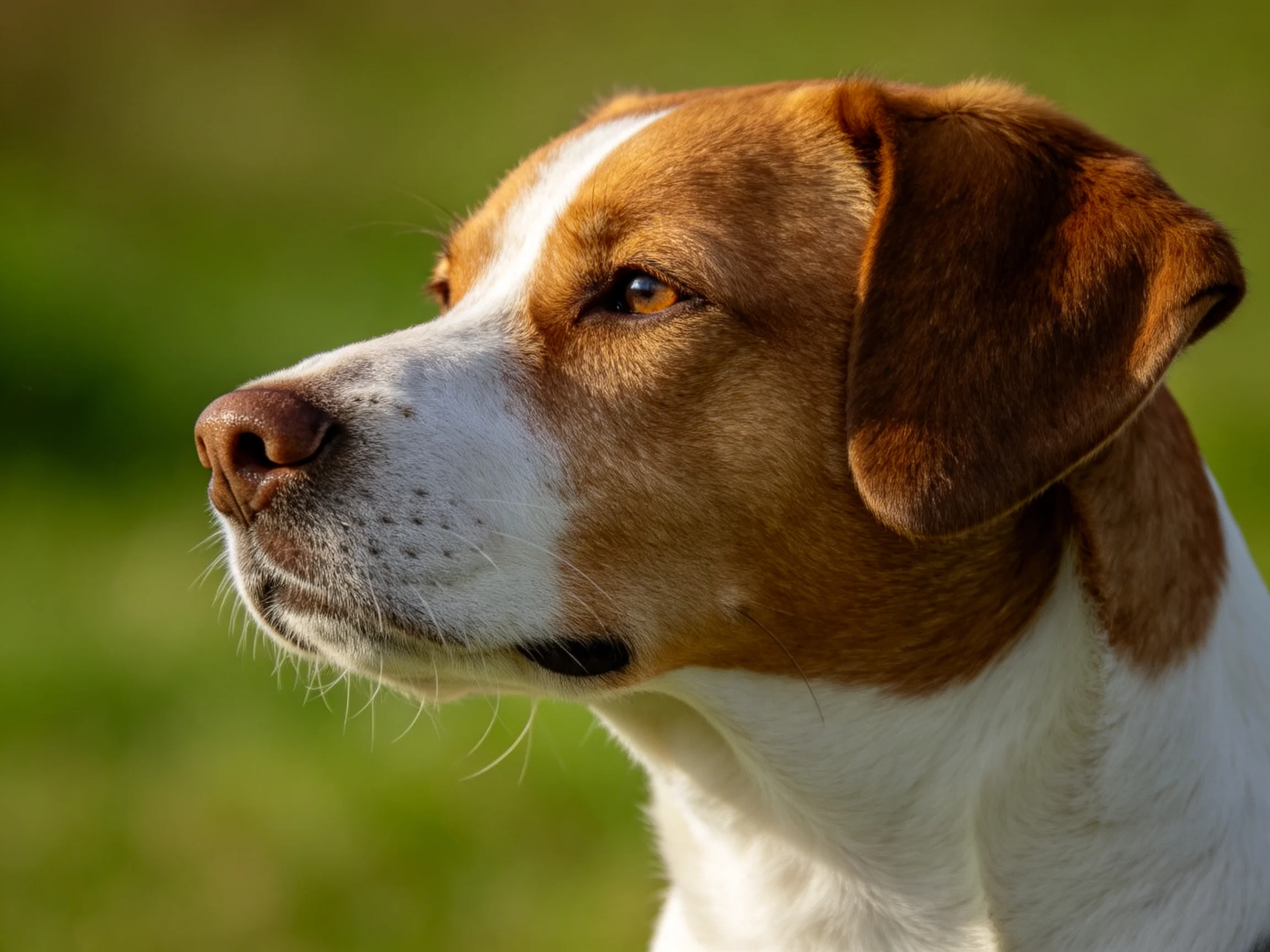 A brown and white dog gazes thoughtfully into the distance