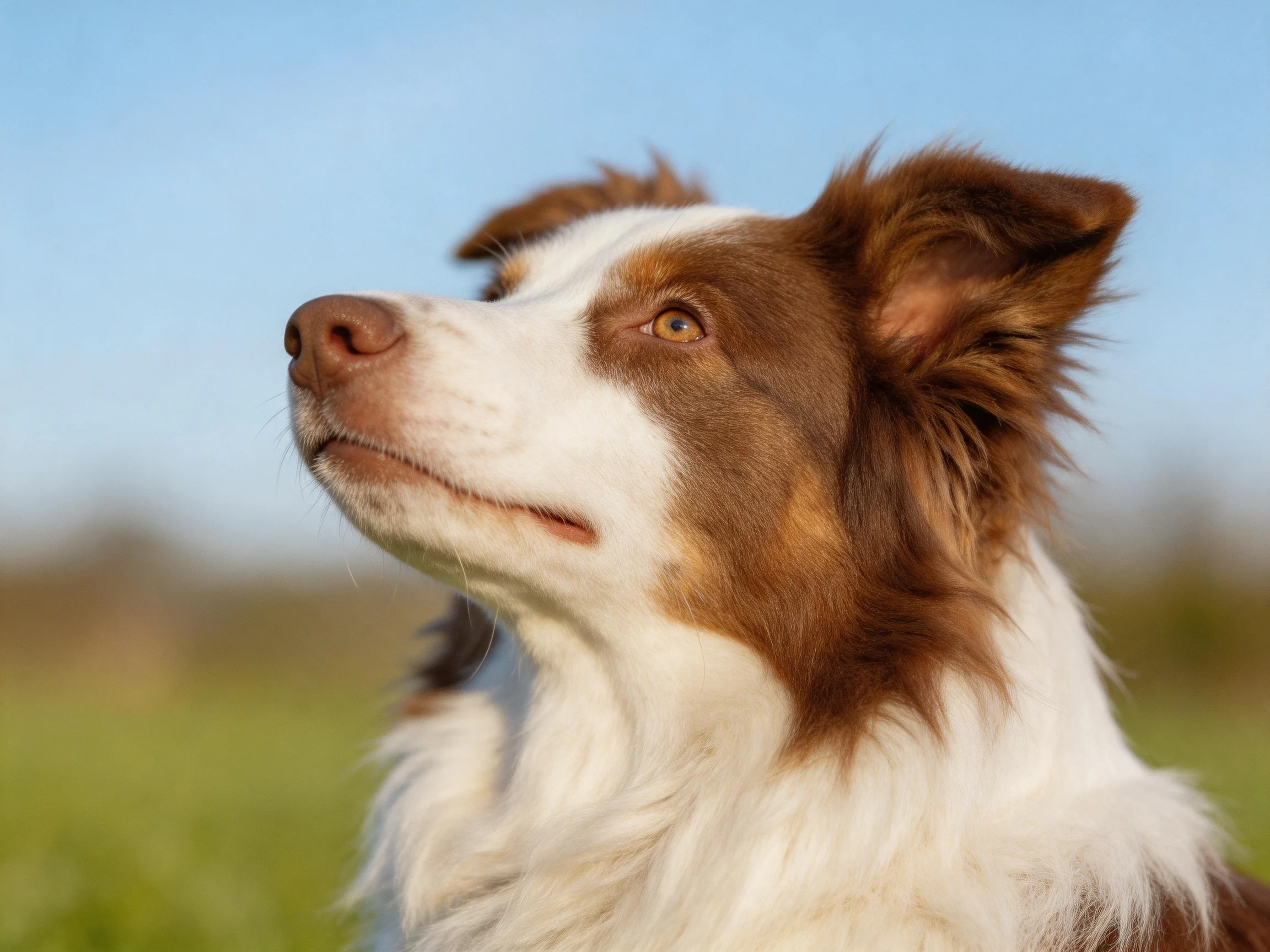 A brown and white dog gazes upward in a sunnyopen field
