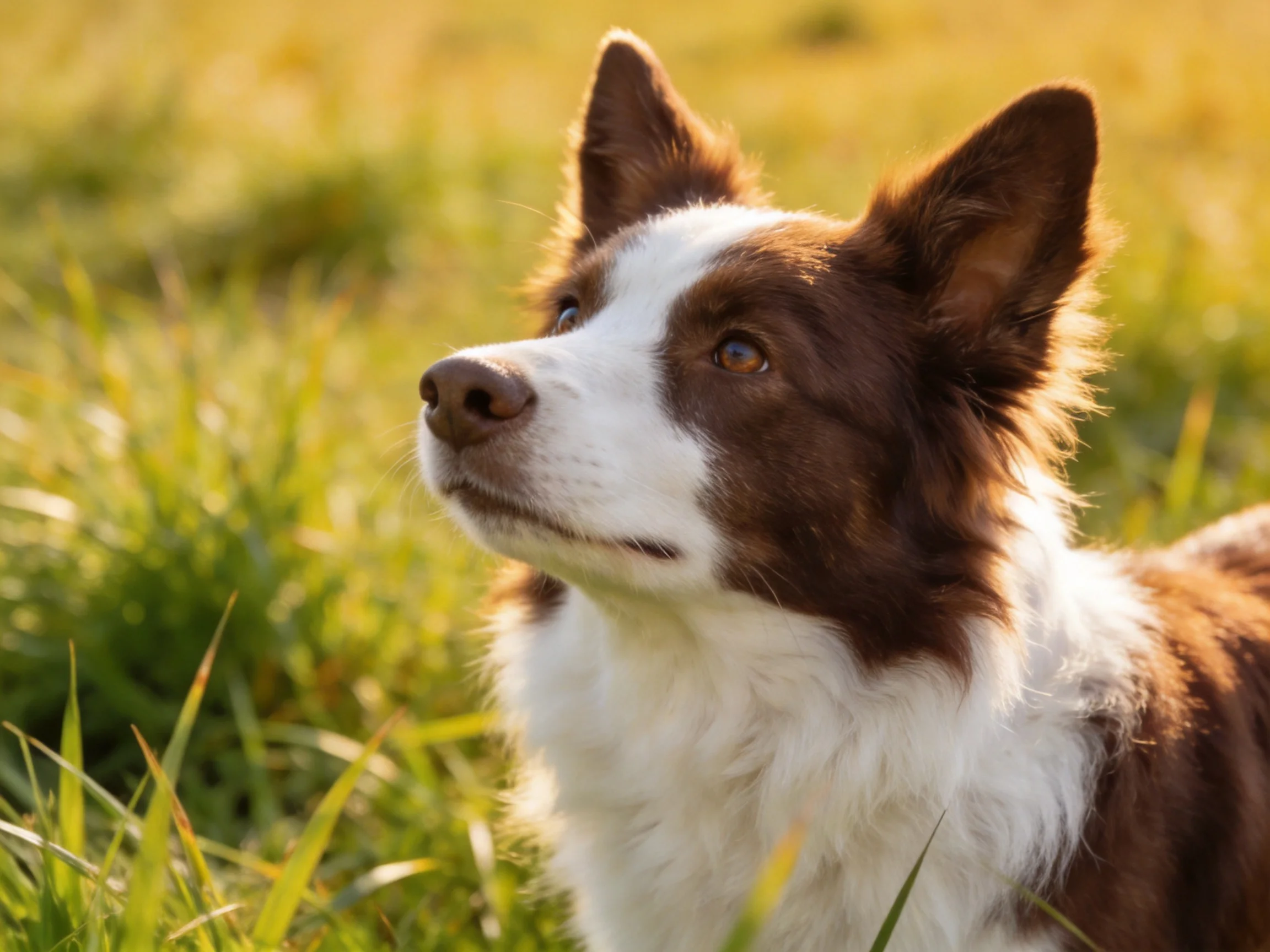 A brown and white dog looks upward among grass in bright daylight.