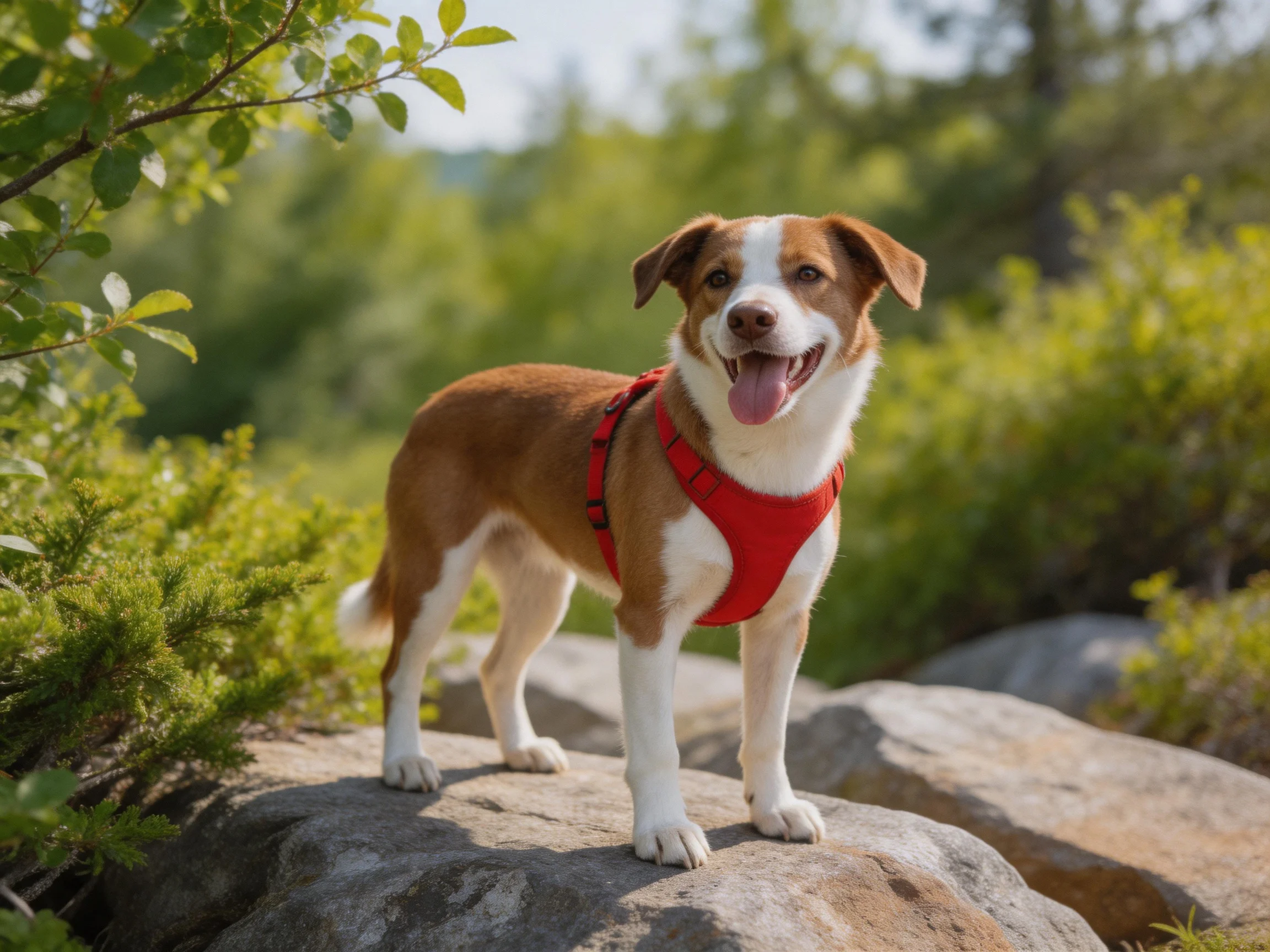 A brown-and-white dog in a red harness stands on rocks amid greenery