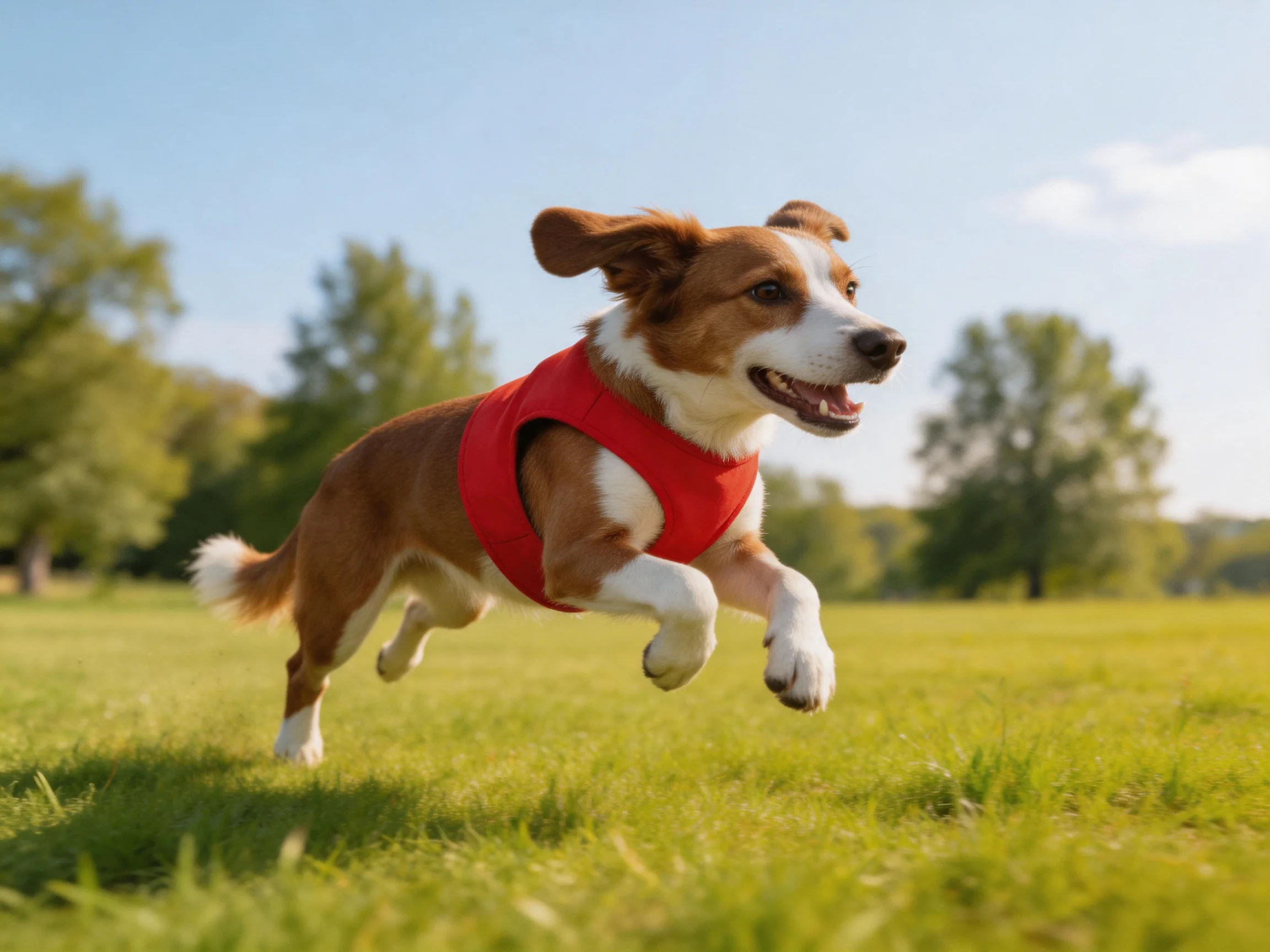 A brown and white dog in a red vest runs through a sunny meadow