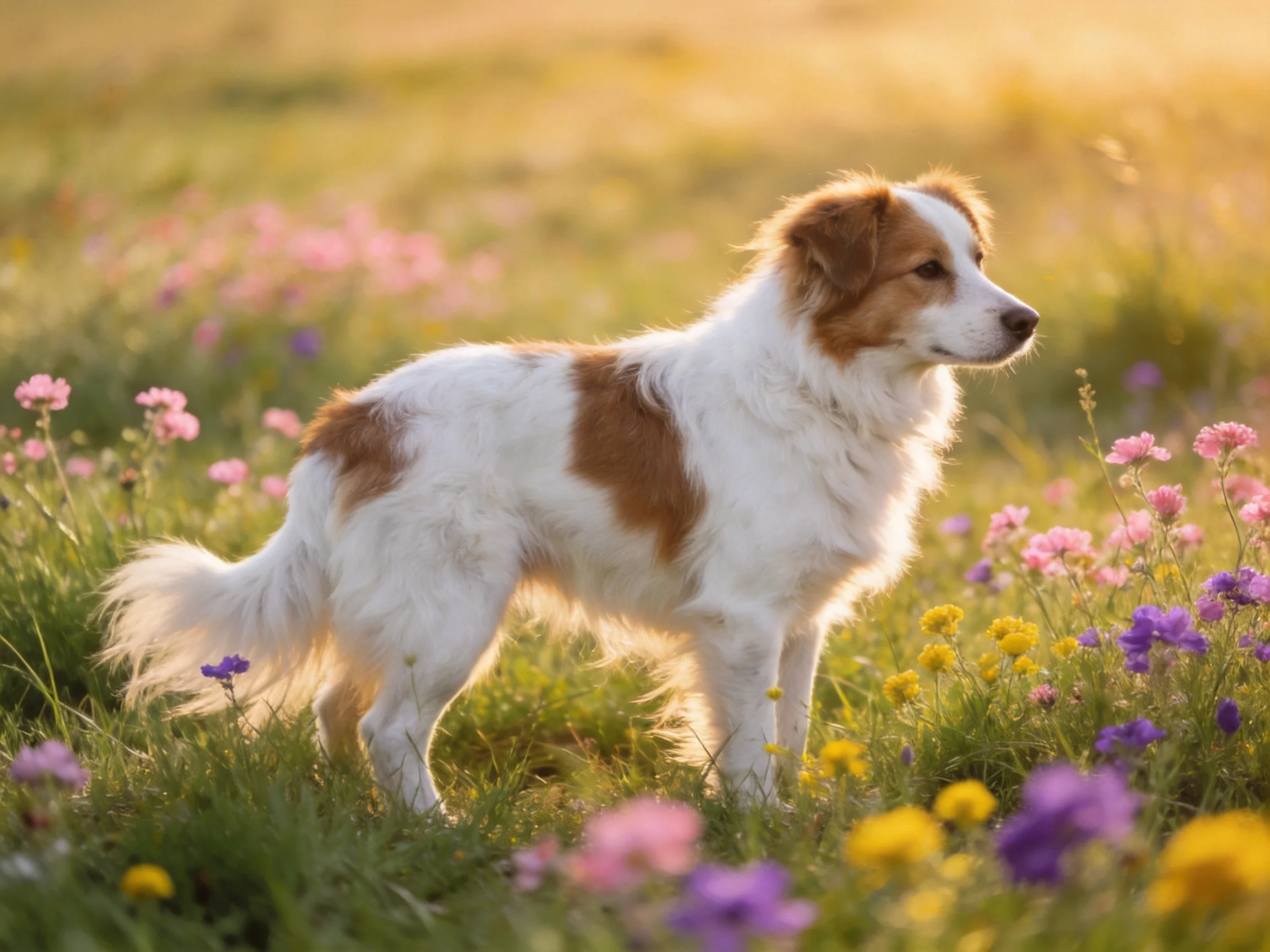 A brown-and-white dog in a sunlit meadow of colorful wildflowers