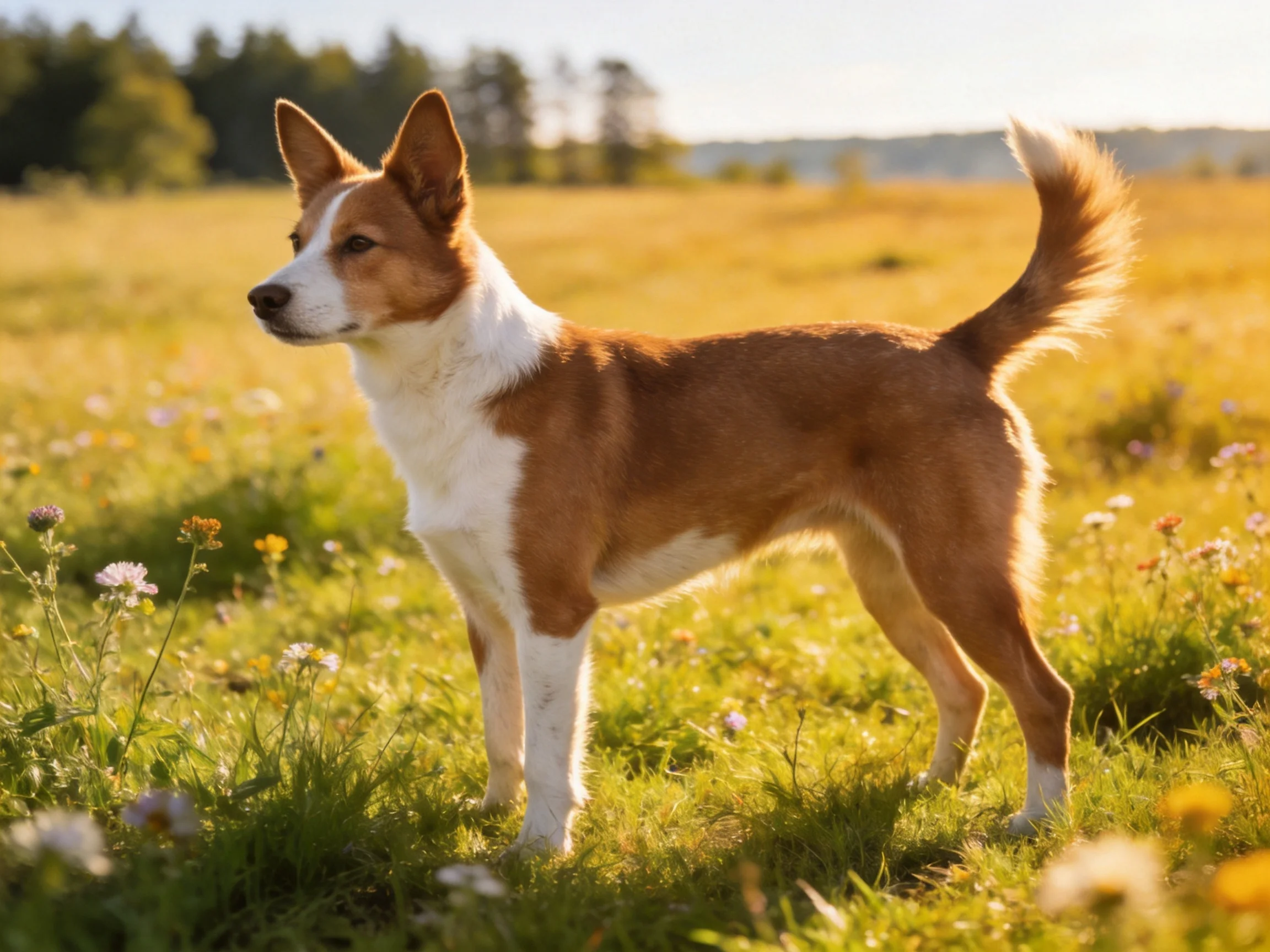 A brown and white dog in a sunlit wildflower field
