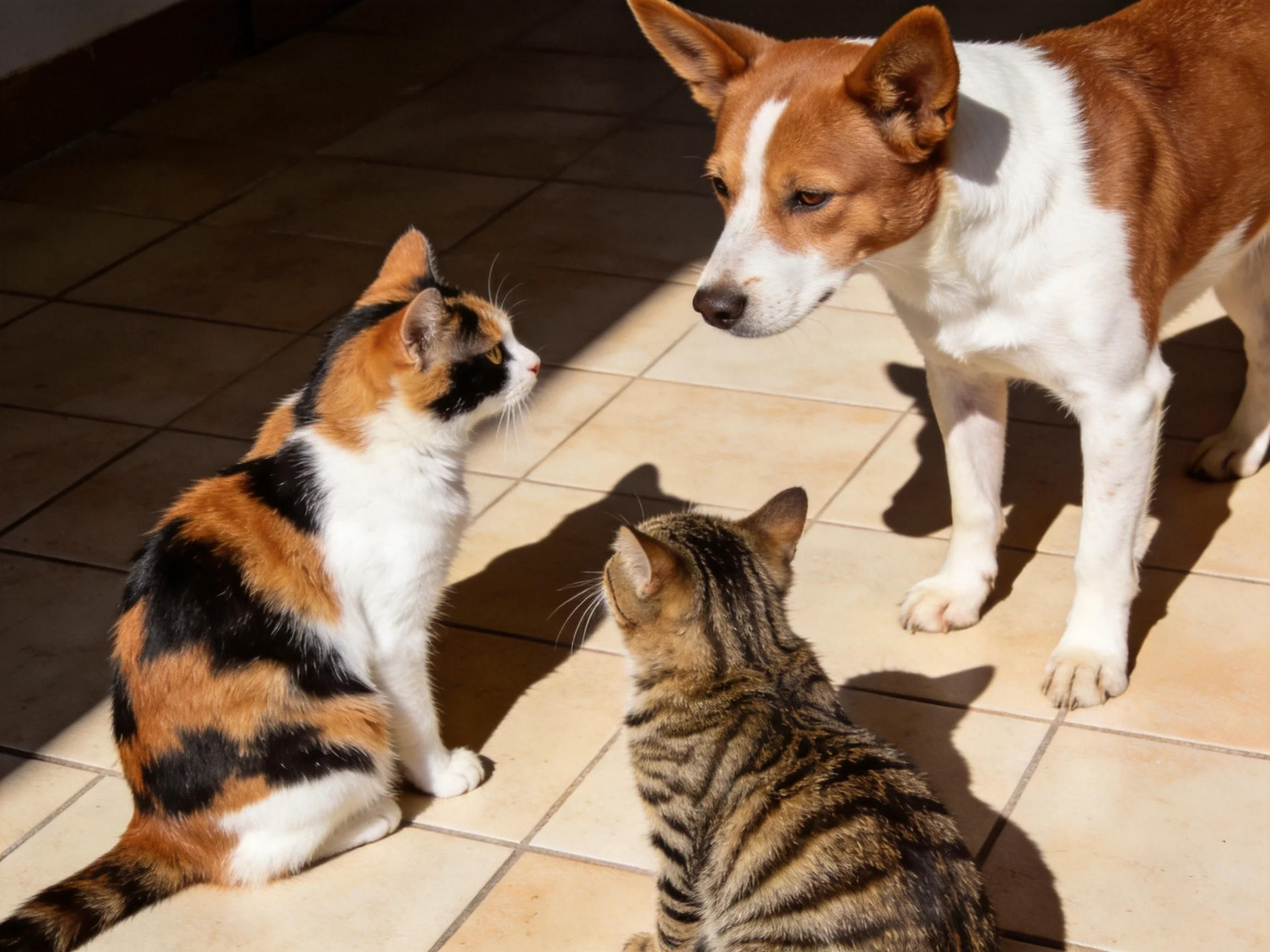 A brown-and-white dog interacts with two cats on sunlit tiled flooring