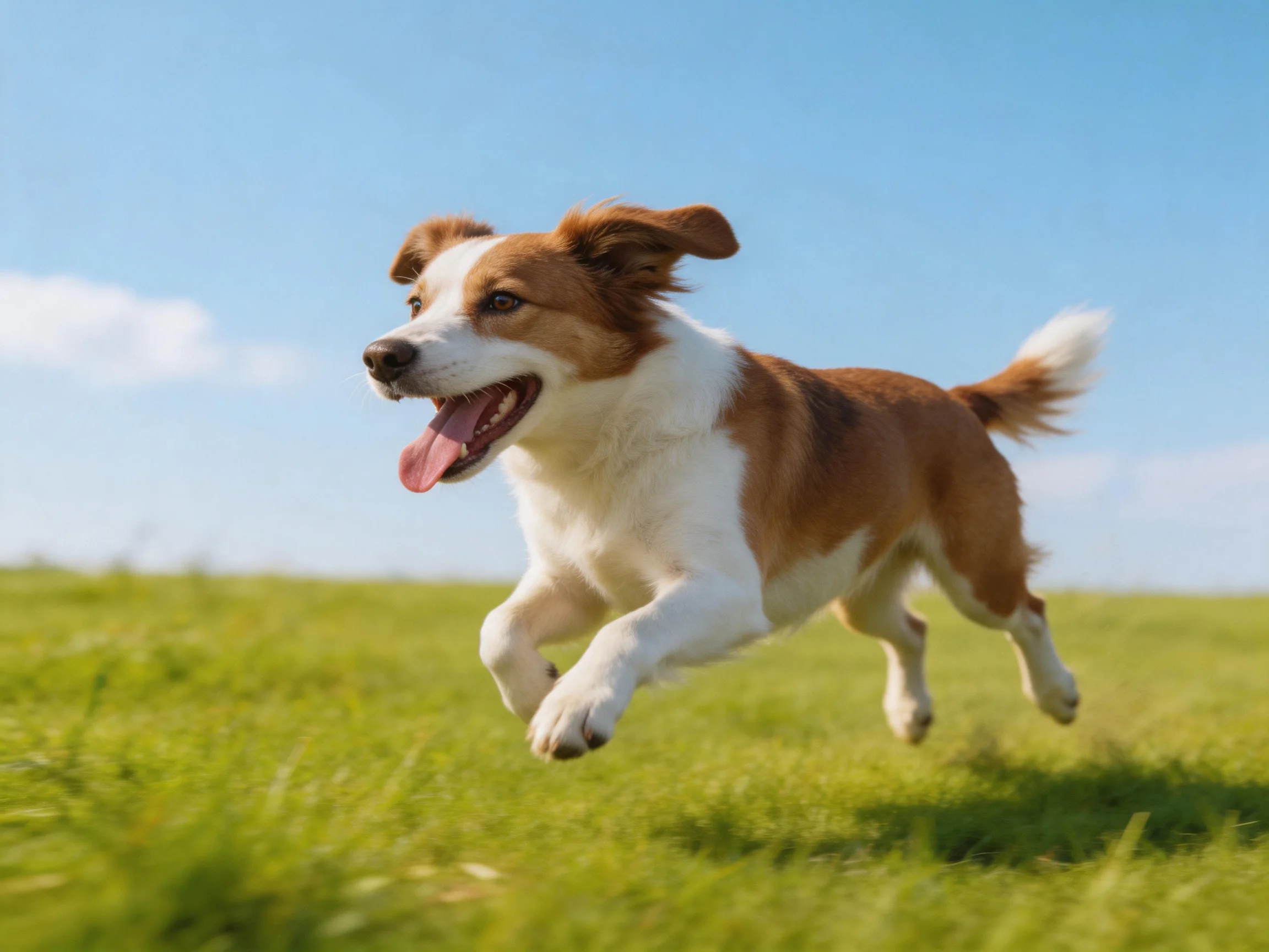 A brown and white dog runs joyfully through a sunlit green pasture.