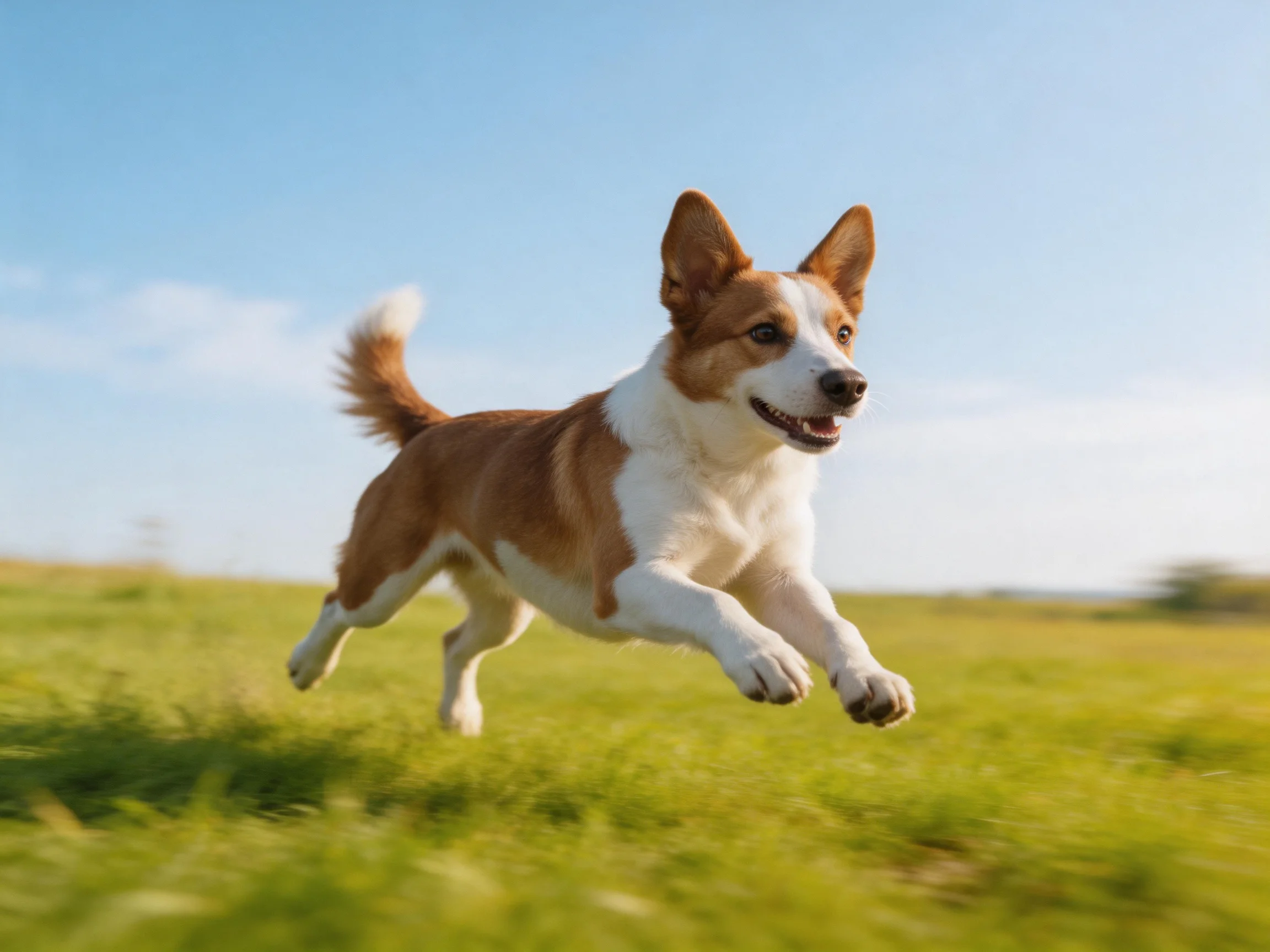 A brown and white dog runs joyfully across a sunlit green meadow.