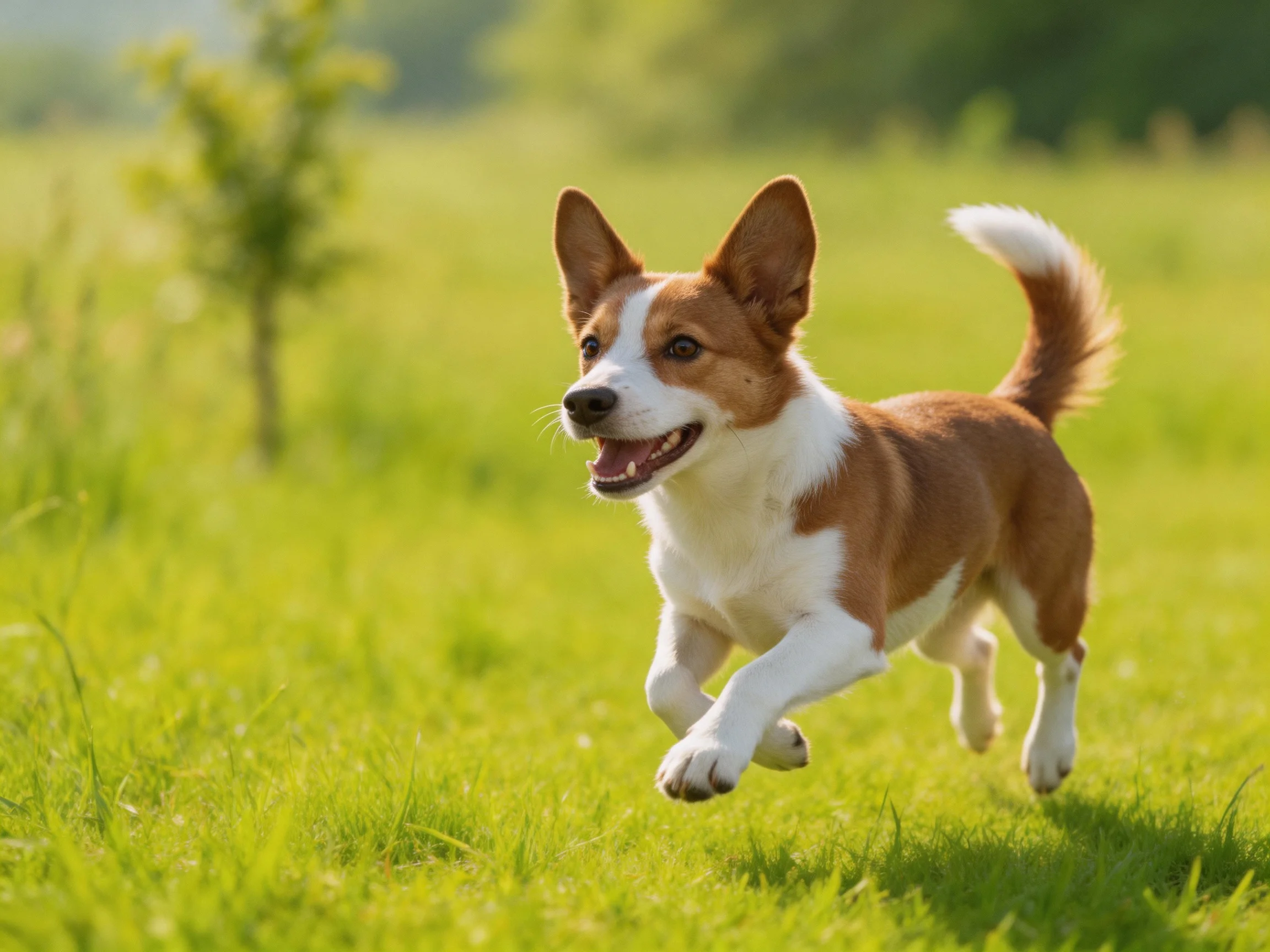 A brown and white dog runs happily through a sunlit green meadow.