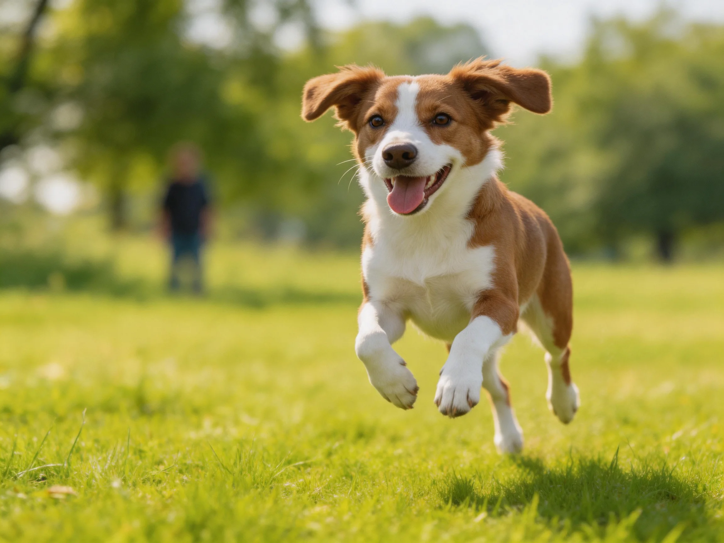 A brown and white dog runs happily in a sunlit green meadow.