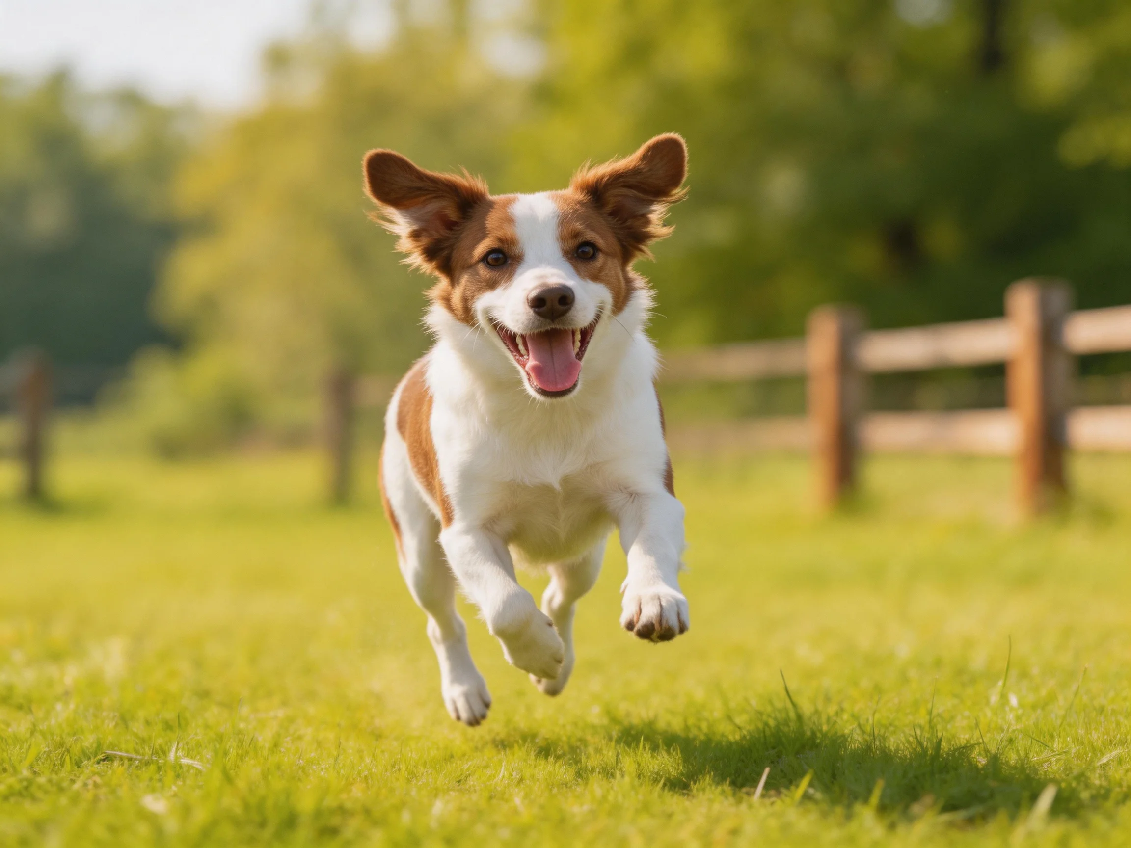 A brown and white dog joyfully running through a sunny meadow