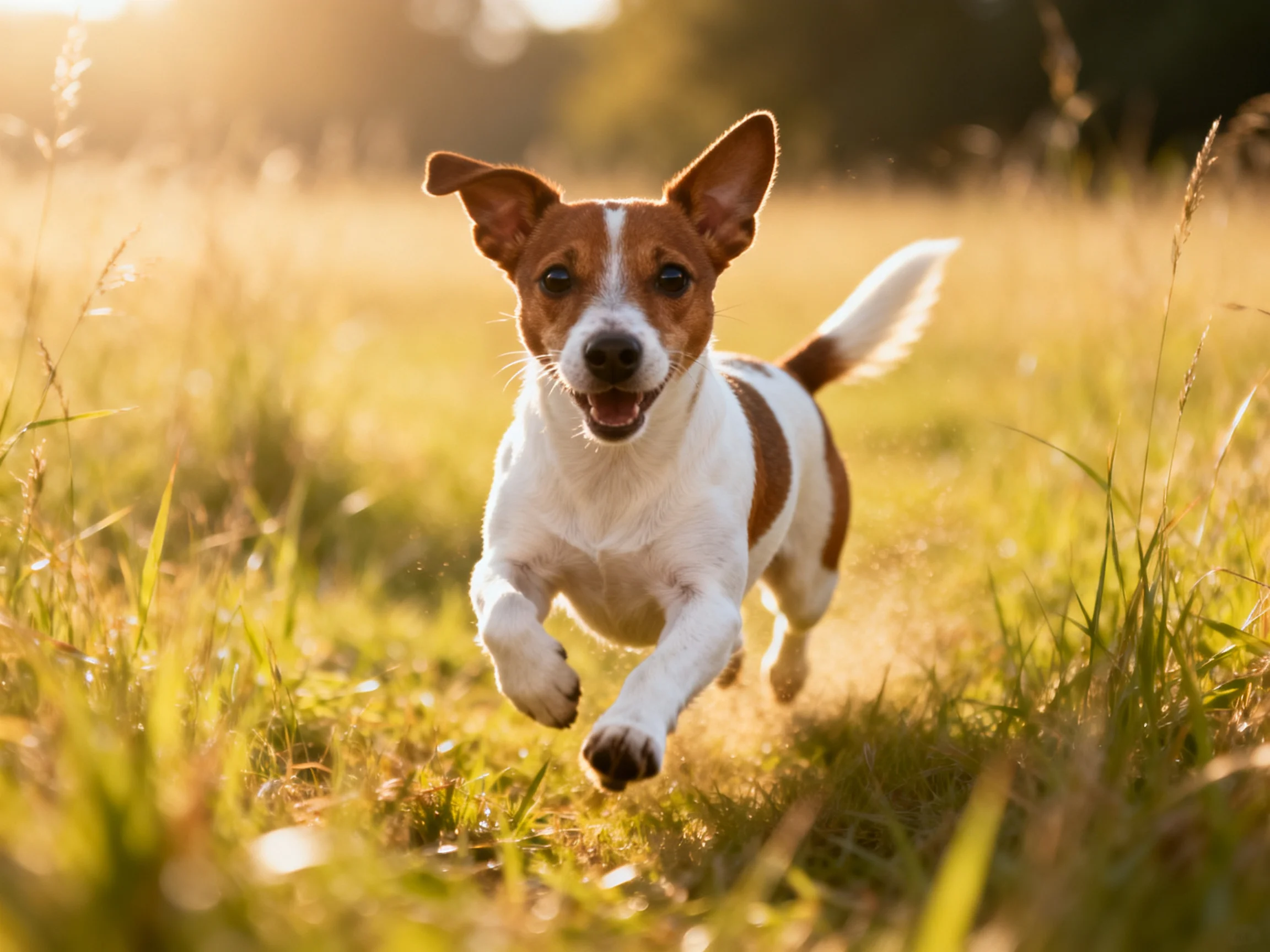 A brown and white dog runs happily through sunlit grass.