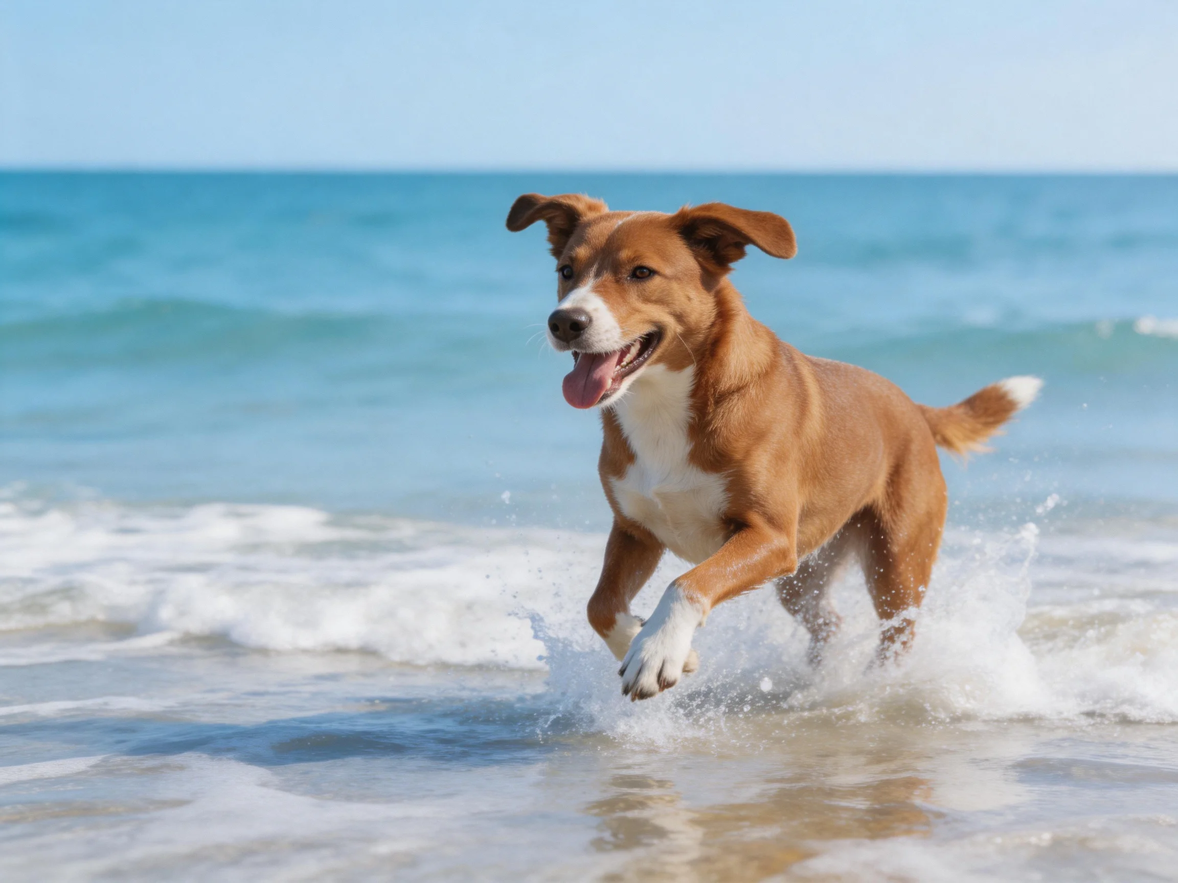 A brown and white dog joyfully runs through shallow ocean water near the shore.