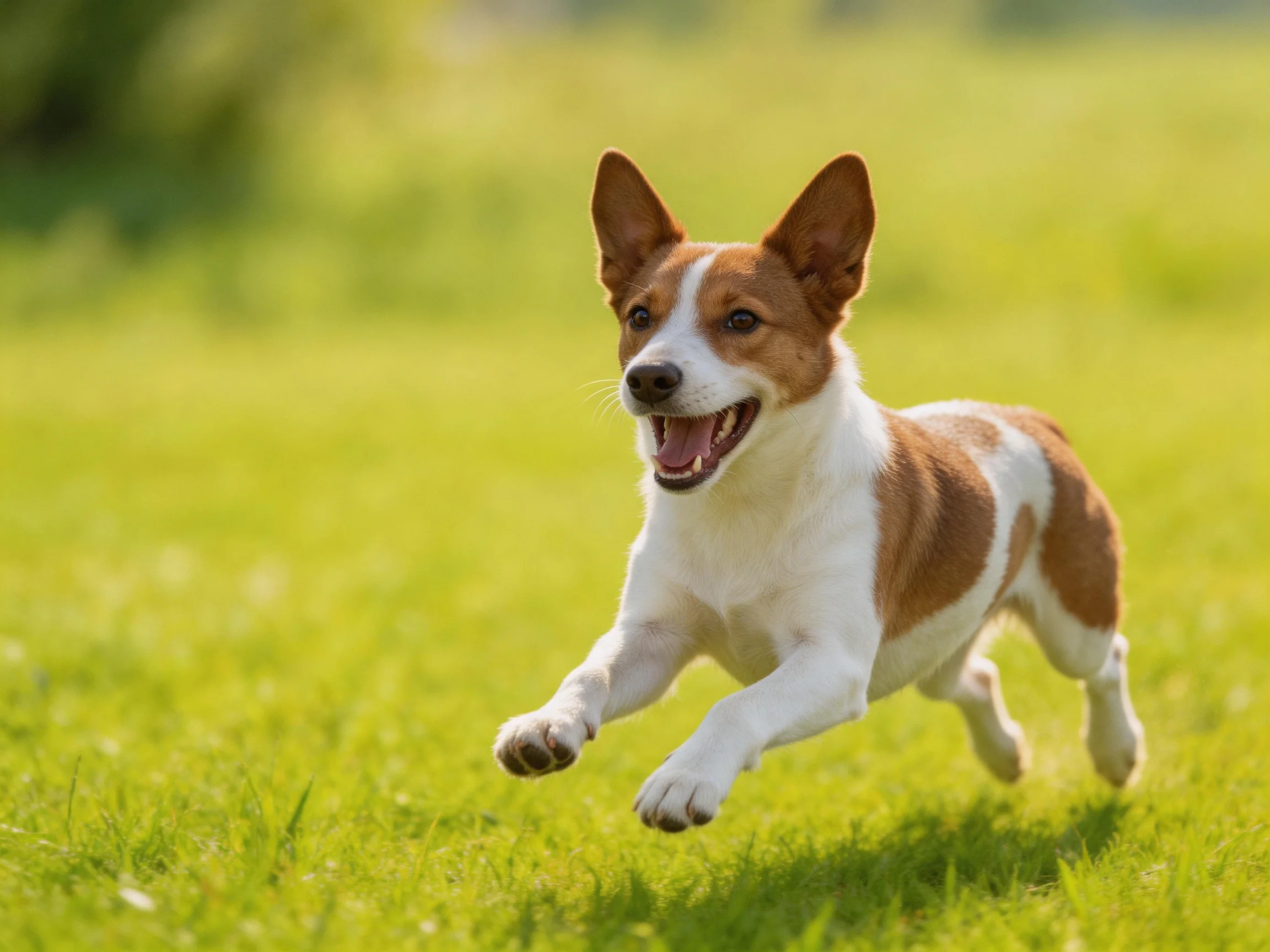 A brown and white dog runs happily on a sunlit green field.