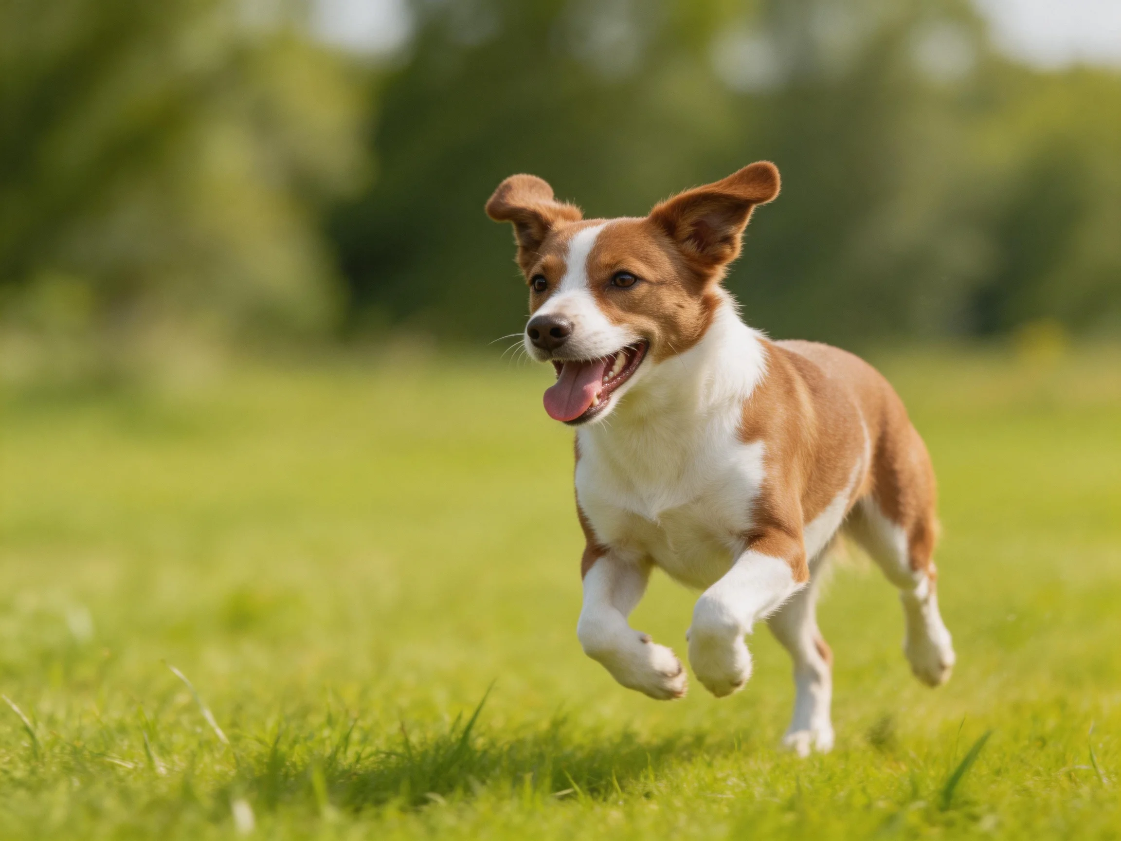A brown and white dog joyfully runs across a lush green field