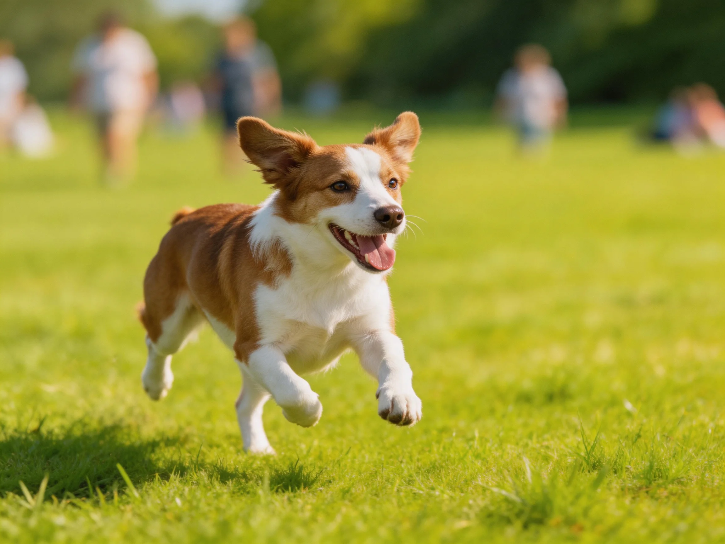 A brown and white dog runs happily on a sunlit grassy field.