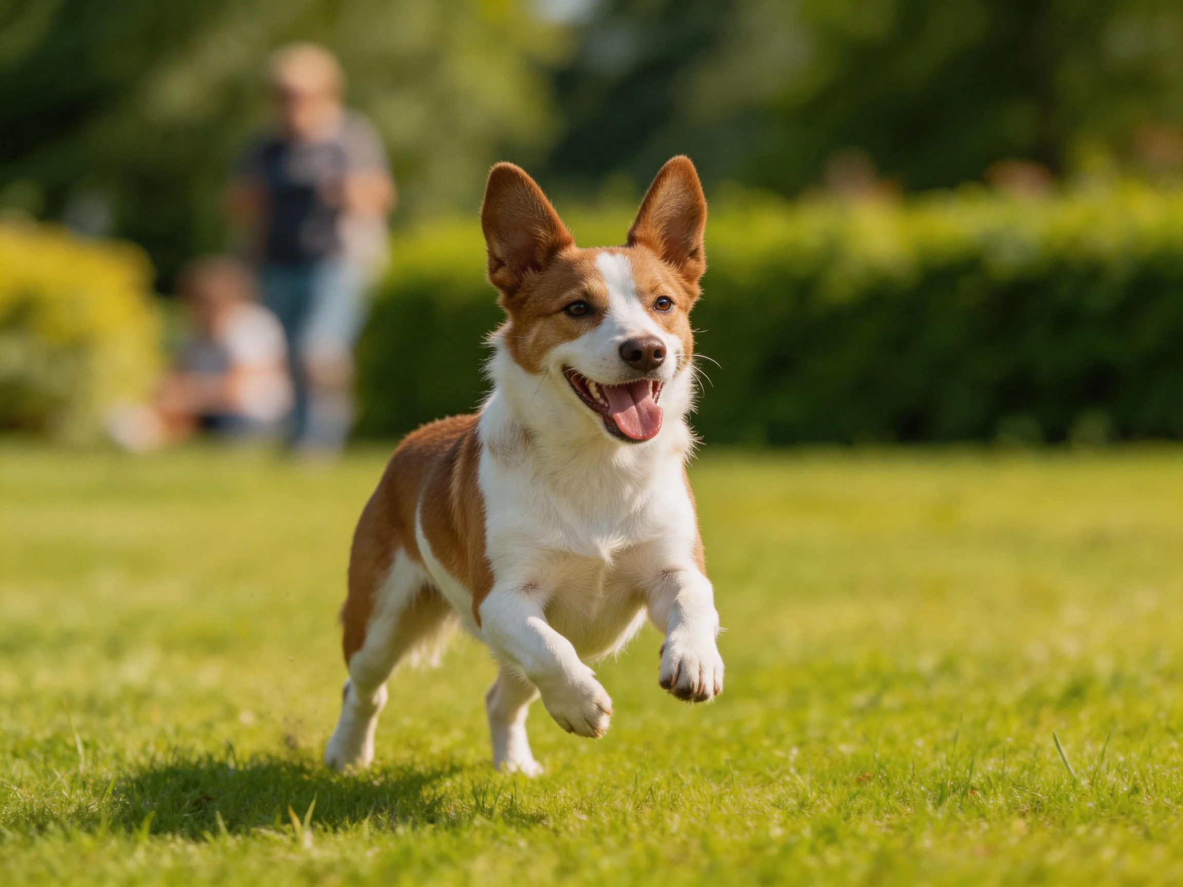 A brown and white dog joyfully runs on a lush green lawn