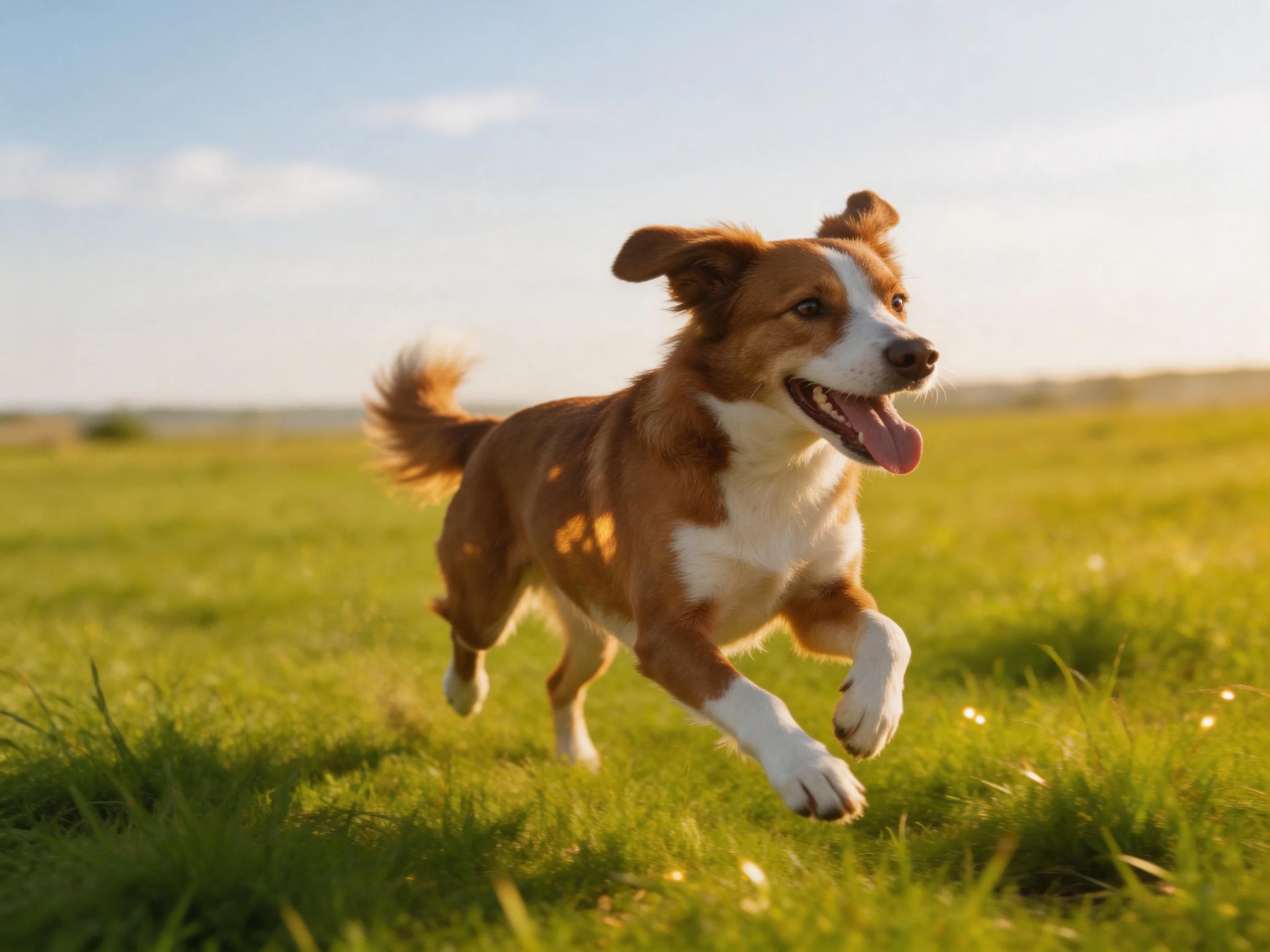A brown and white dog runs happily in a sunlit green meadow.