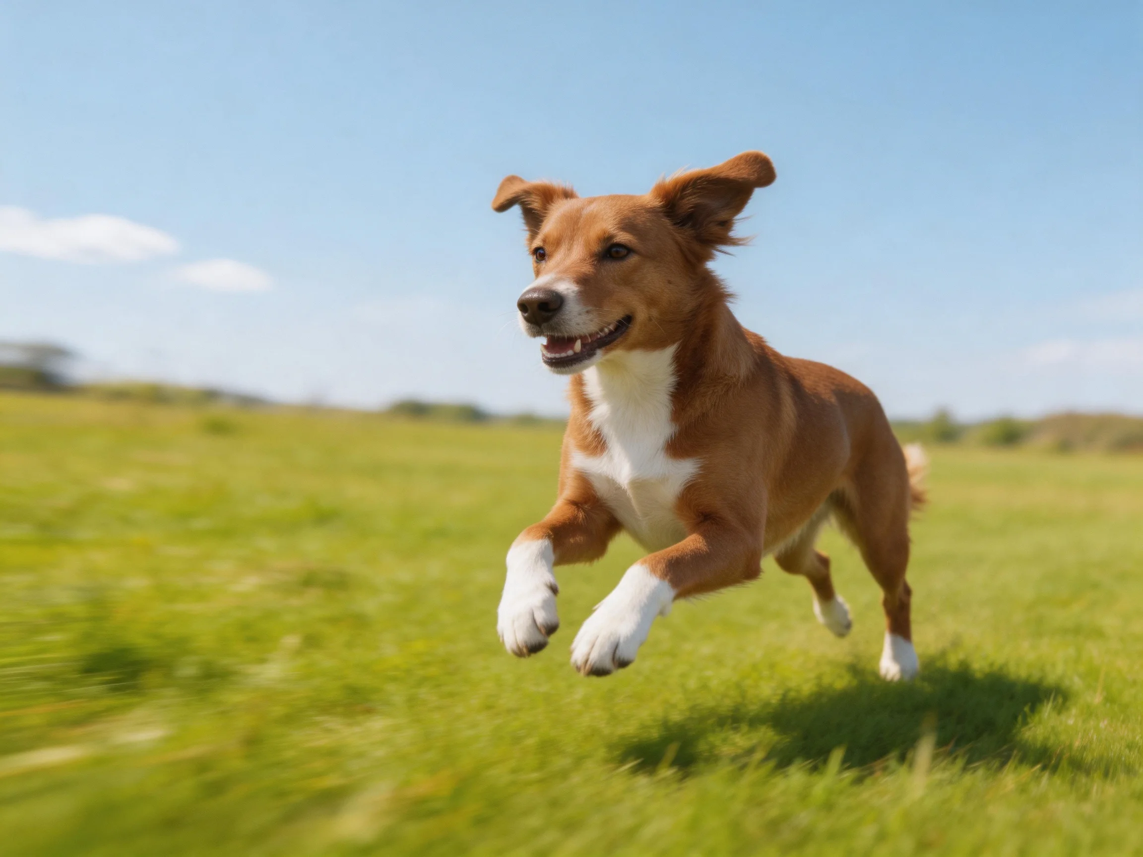 A brown and white dog joyfully runs through a sunny green meadow