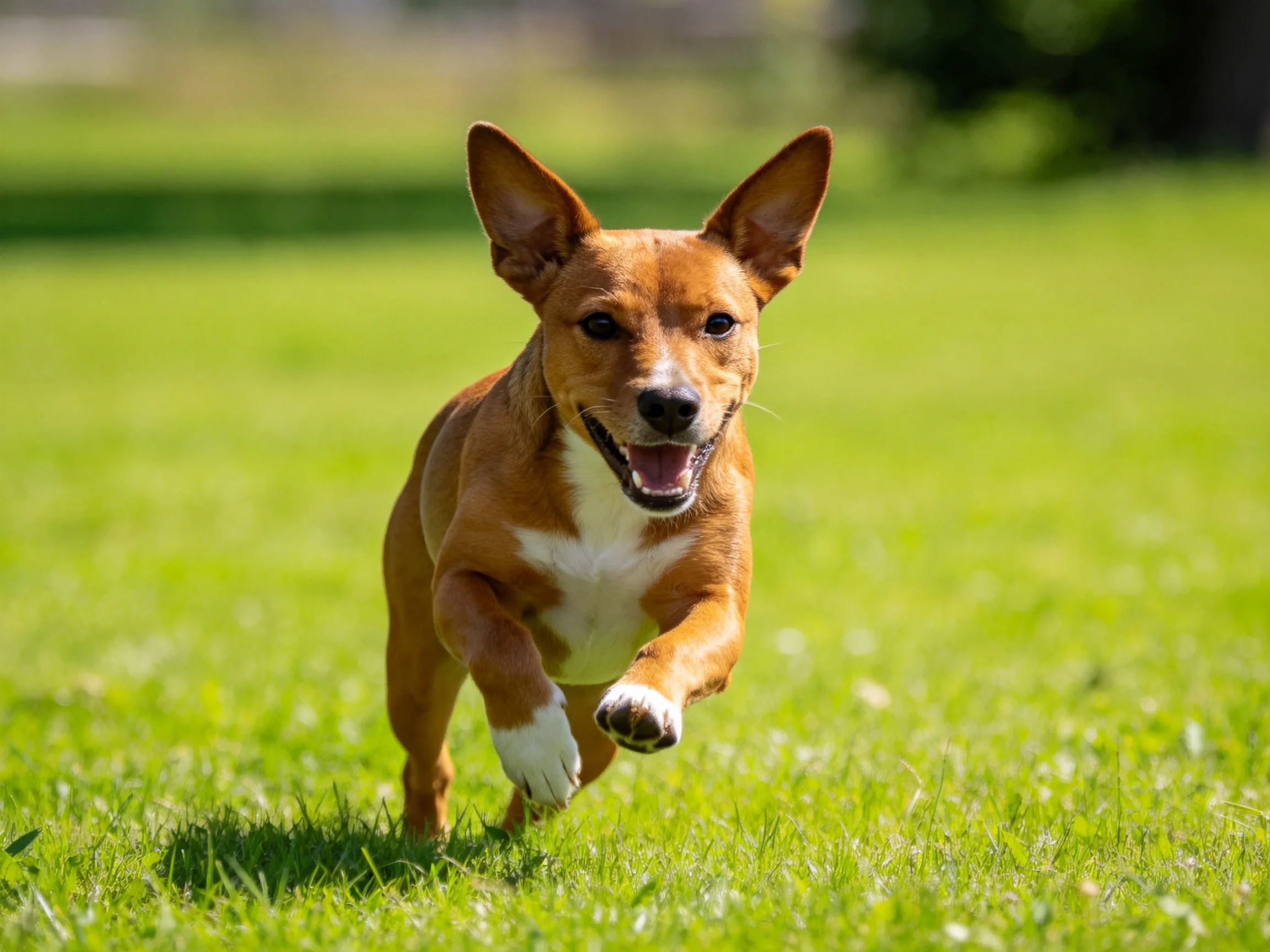 A brown and white dog runs happily on a sunlit grassy field.